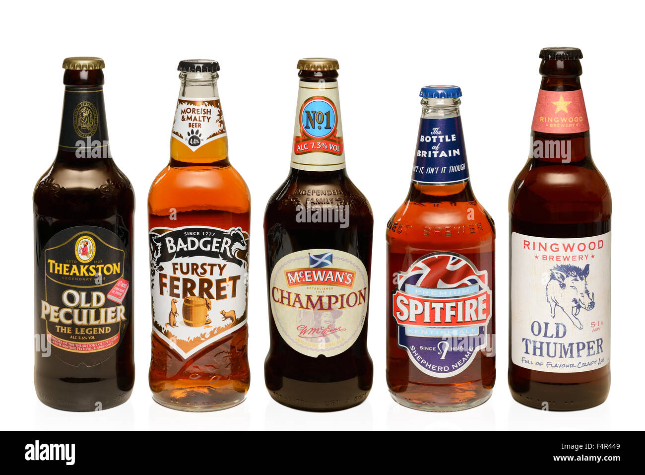 Bottles of Traditional British Beer, White Background. Stock Photo