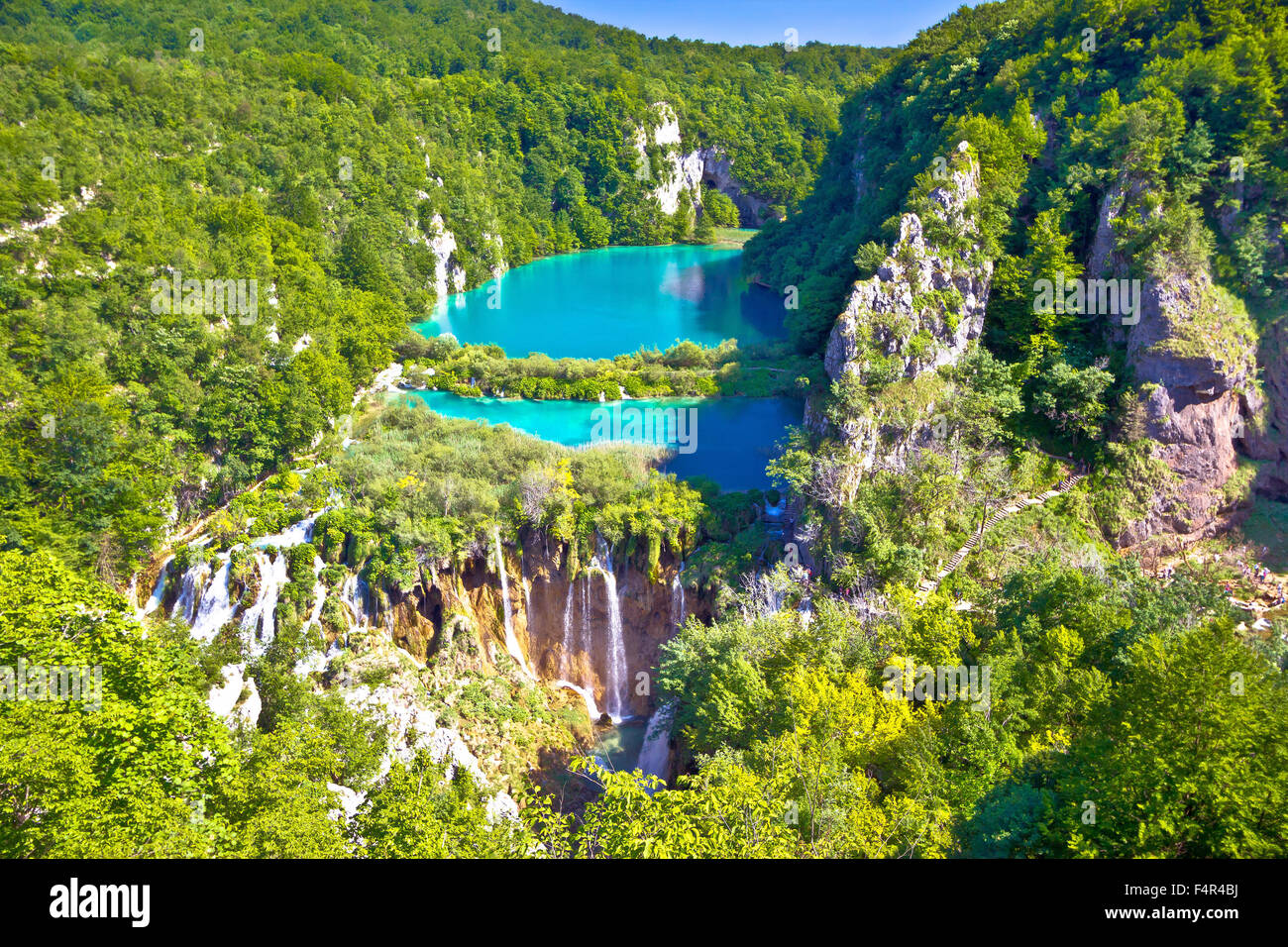 Paradise waterfalls of Plitvice lakes national park, panoramic view, Croatia Stock Photo