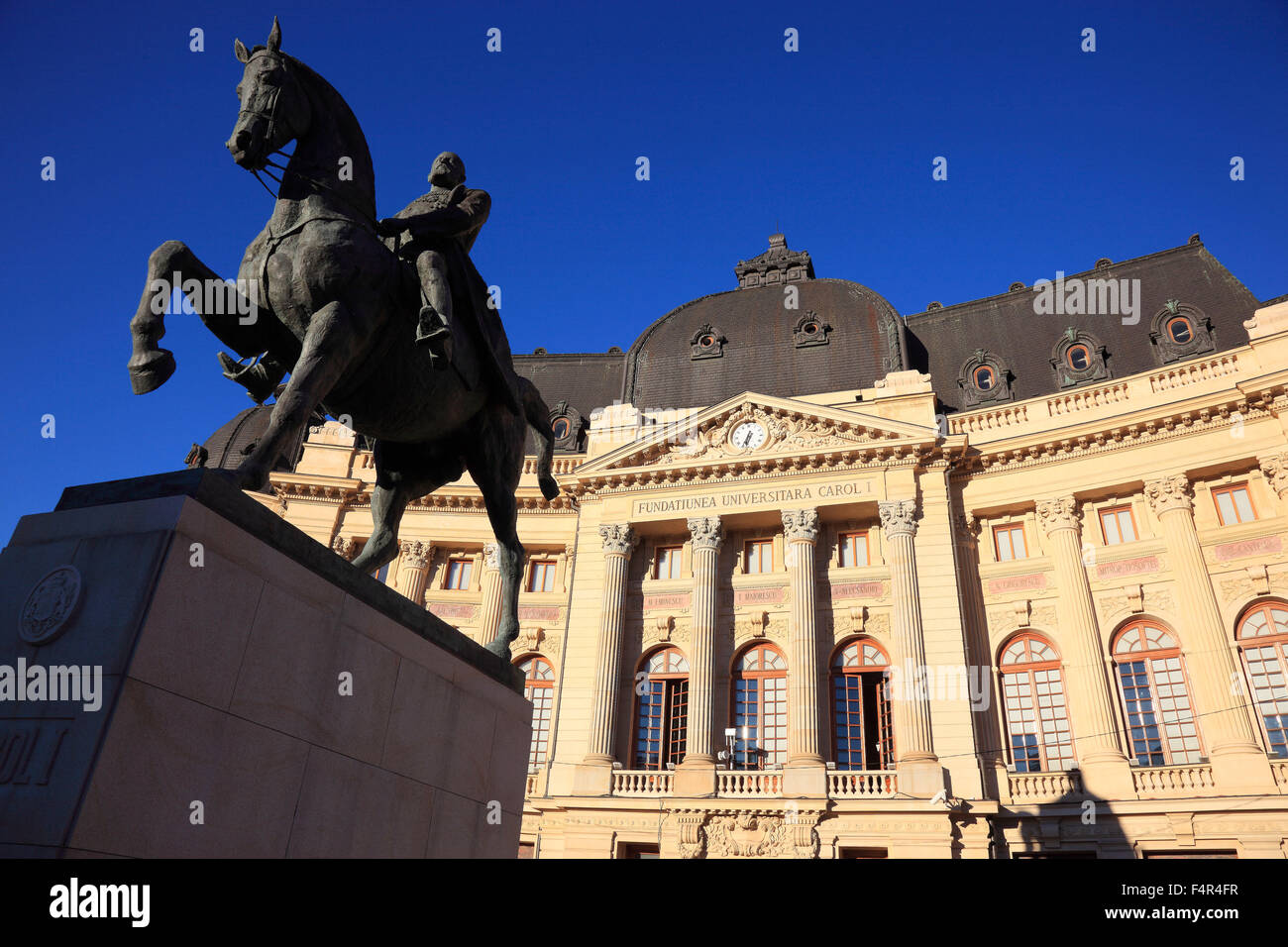 University library with equestrian statue of carol i hi-res stock ...