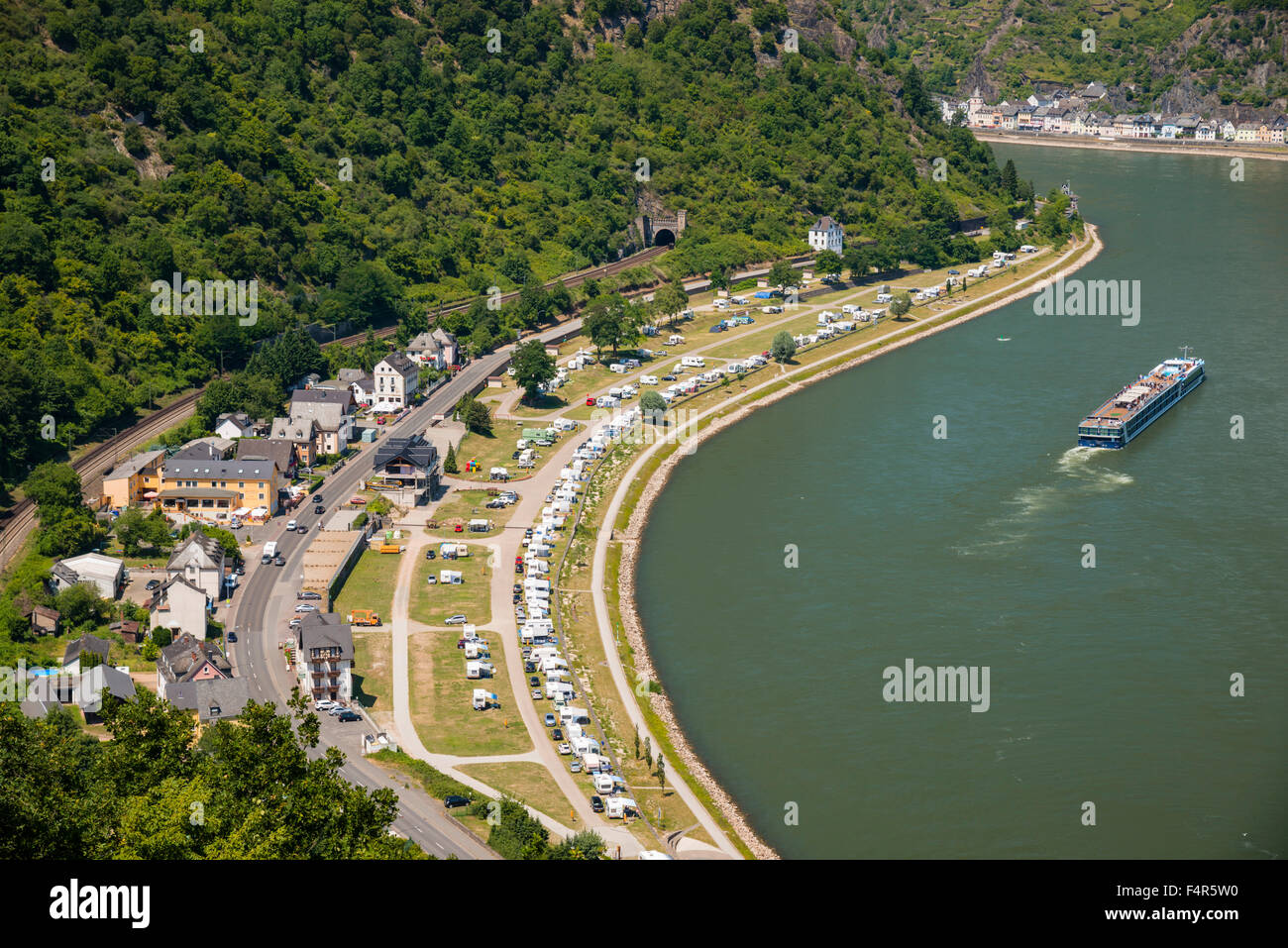 Camping site, Germany, Europe, Goar, Loreleyblick, Loreley, middle Rhine Valley, panorama, Rhineland Palatinate, Rhine, Rhine lo Stock Photo