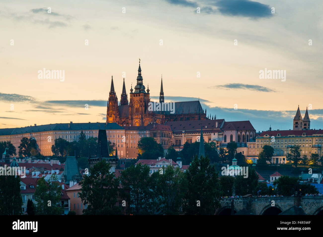 Bohemia, Europe, Hradcany, Charles bridge, Prague, Czechia, Czech Republic, Veitsdom, Vltava, Stock Photo