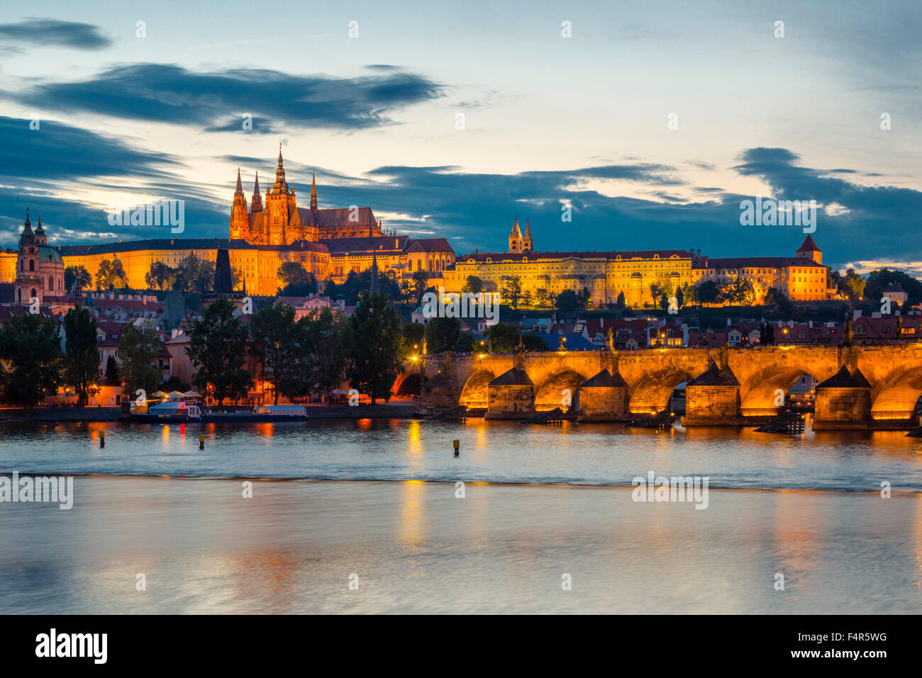 Bohemia, Europe, Hradcany, Charles bridge, Vltava, Prague, Czechia, Czech Republic, Veitsdom, Vltava, Stock Photo