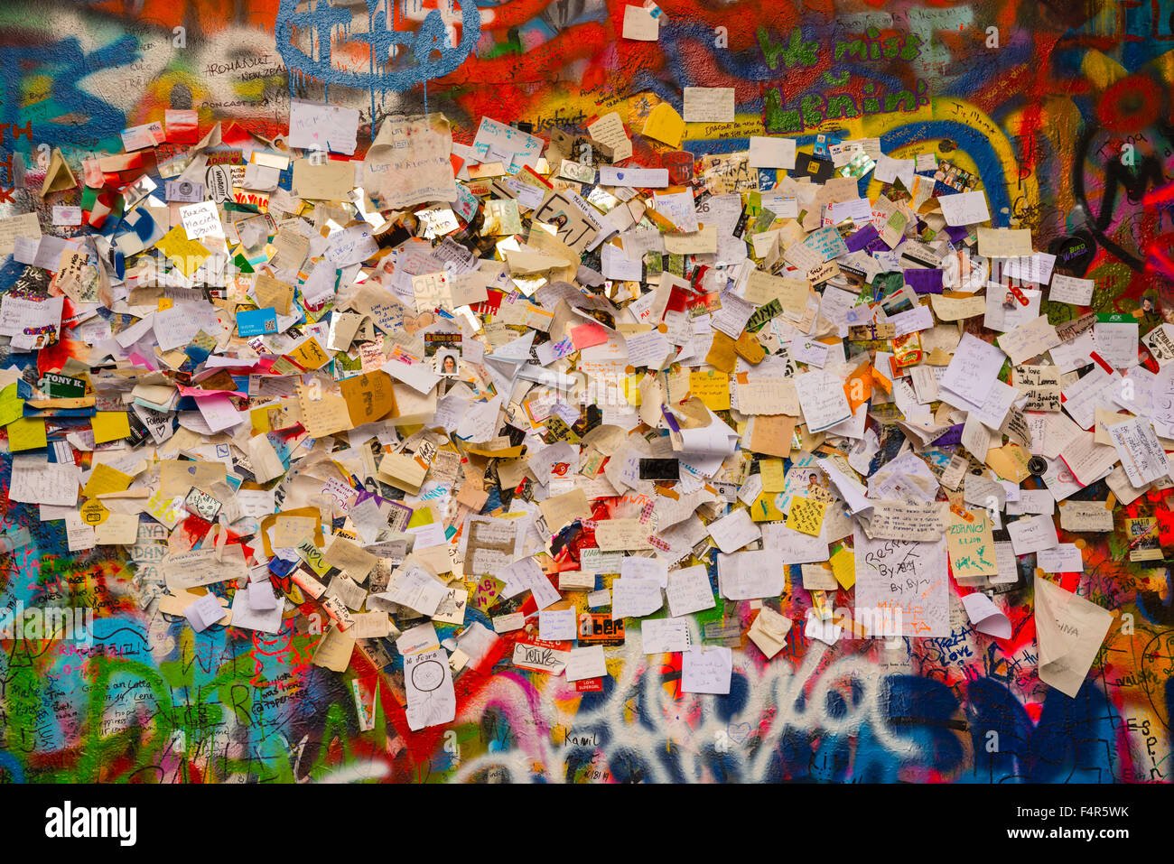 Requests, Europe, graffiti, great prior, John, Lennon, wall, place, Prague, Czechia, Czech Republic, wish, paper Stock Photo