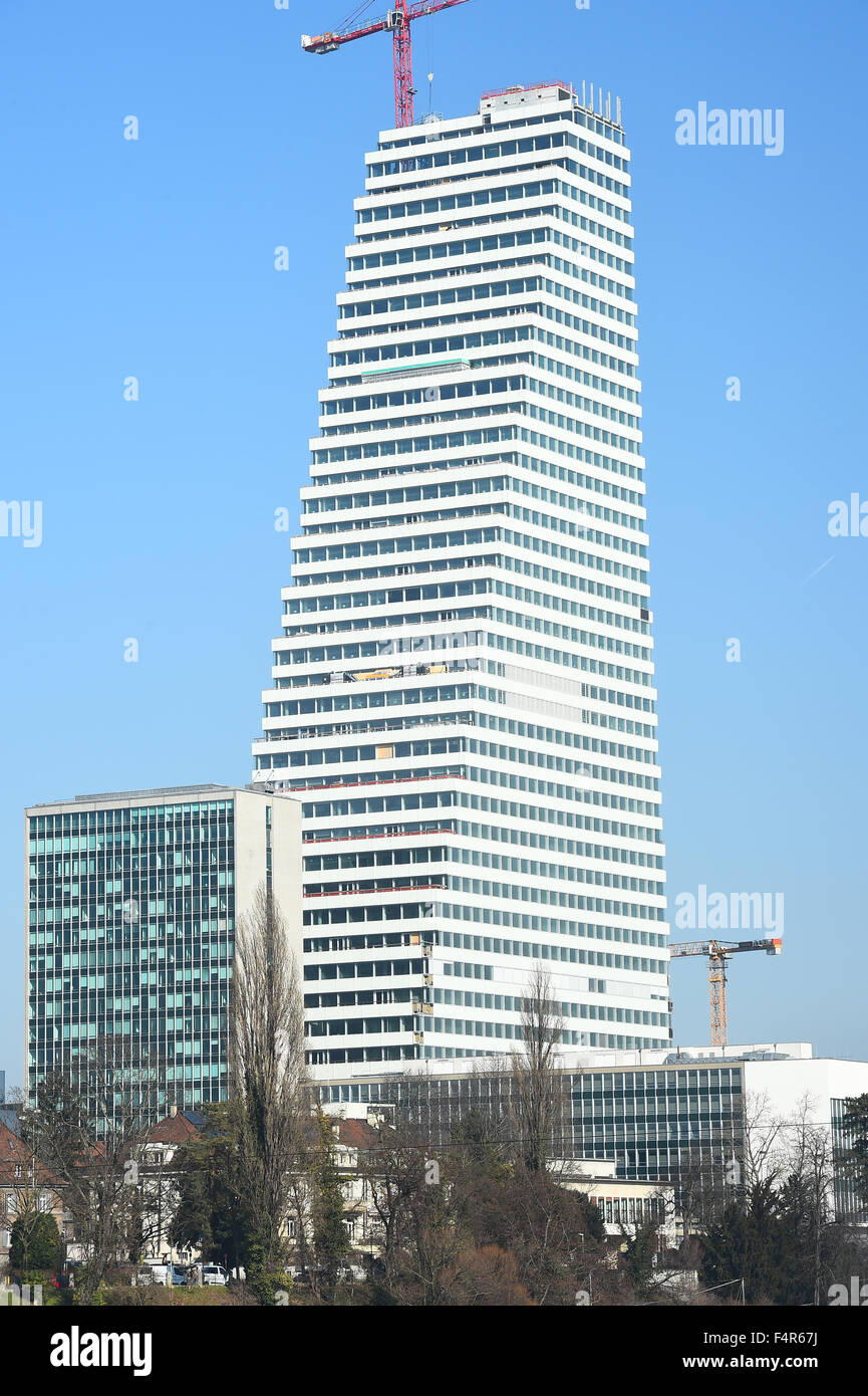 Basel, Switzerland, block of flats, high-rise building, Hoffmann La Roche, office building, block, building site Stock Photo