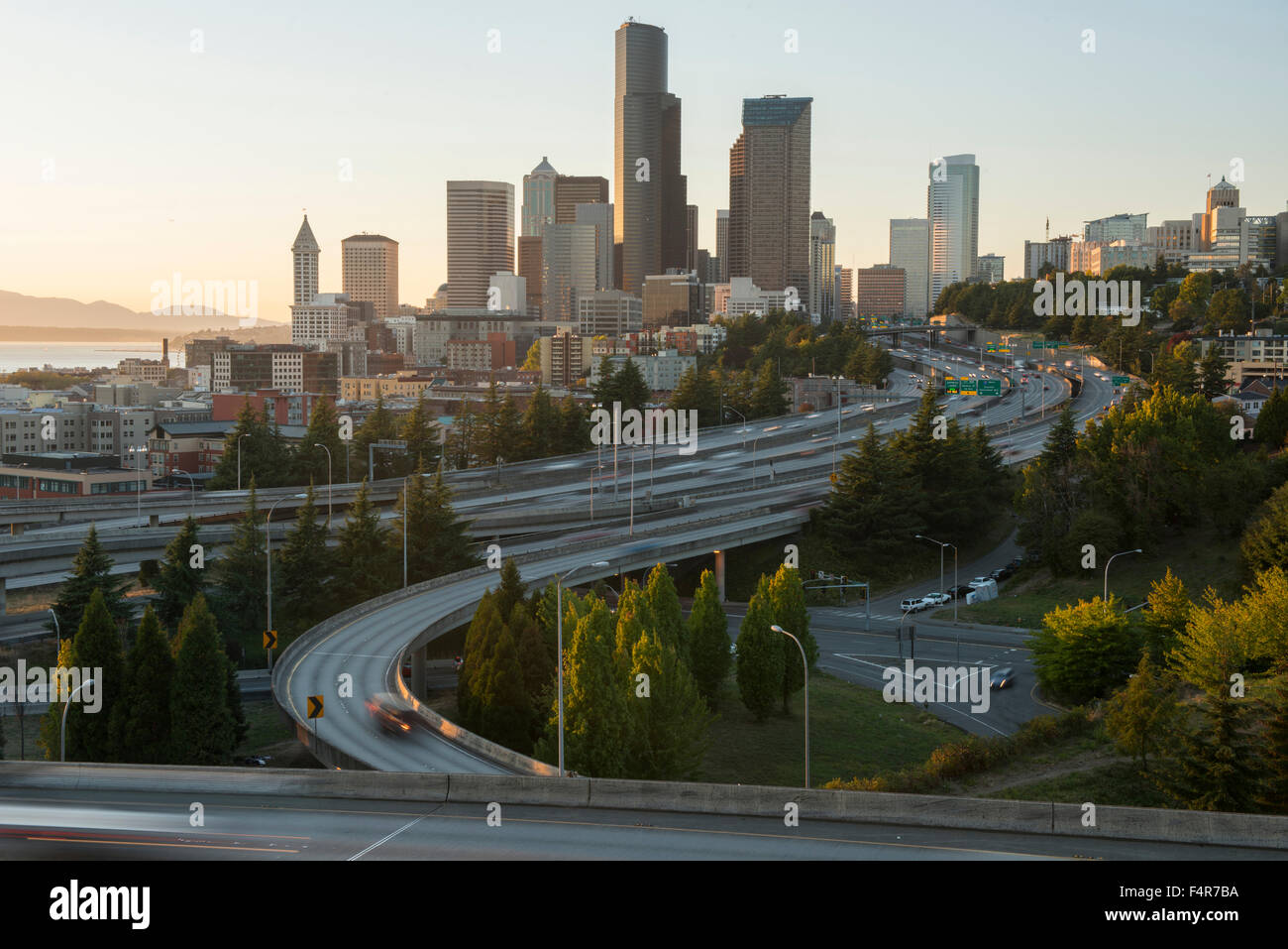 USA, United States, America, west Coast, Washington state, Seattle, city, skyline, freeway, traffic, city, cityscape, road Stock Photo