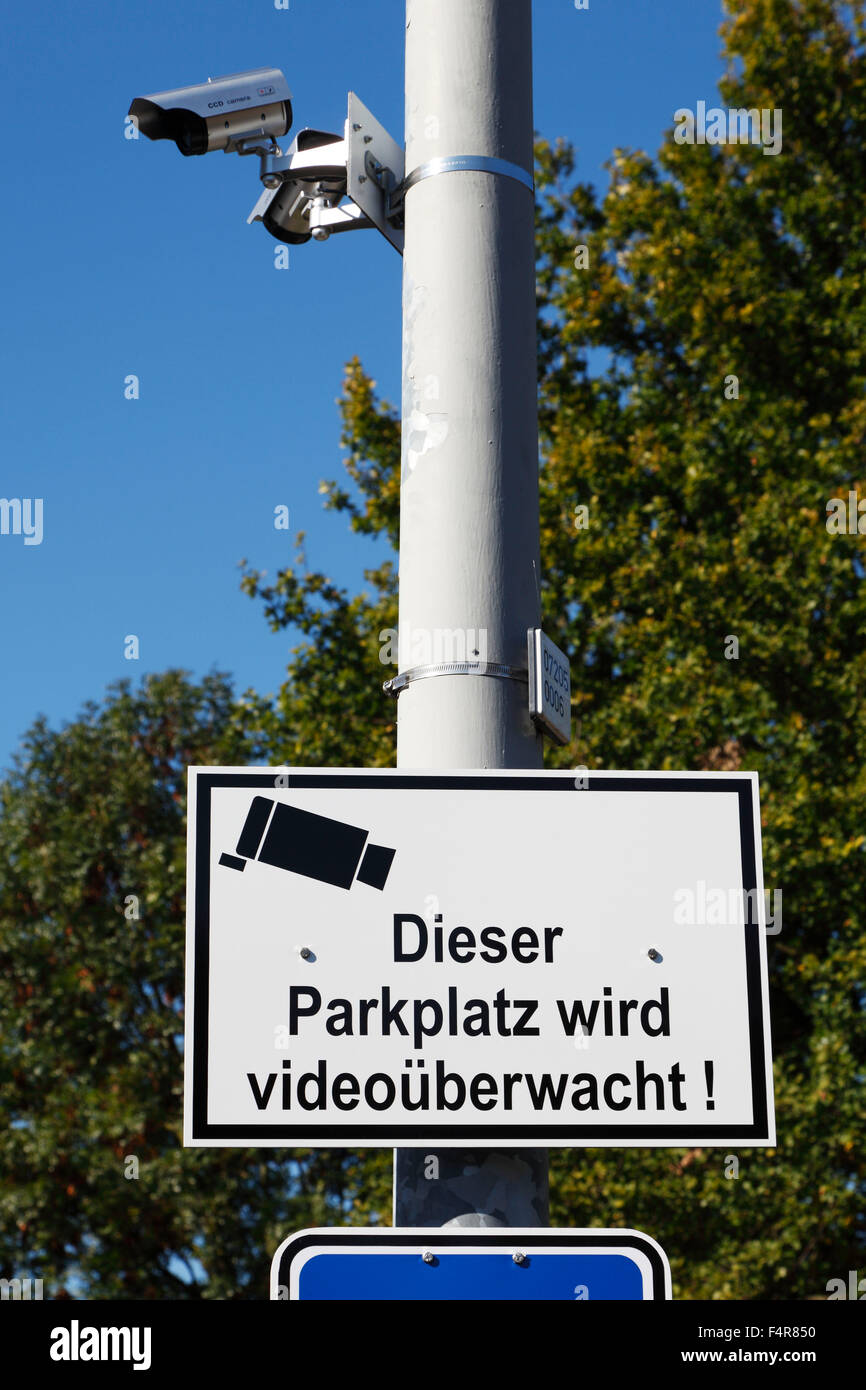 video control on a parking lot, video camera, indicating sign Stock Photo