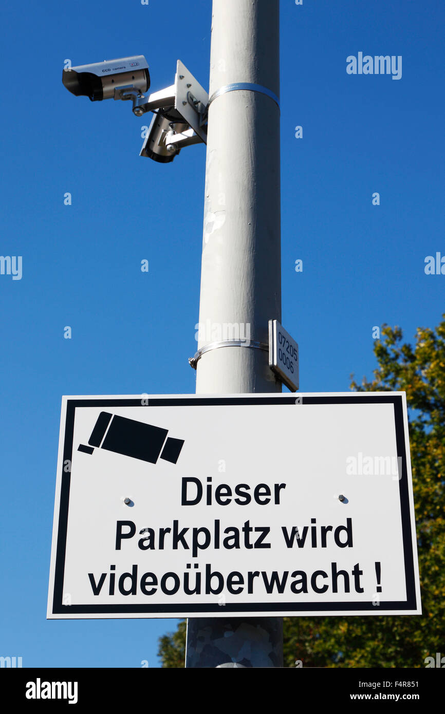 video control on a parking lot, video camera, indicating sign Stock Photo