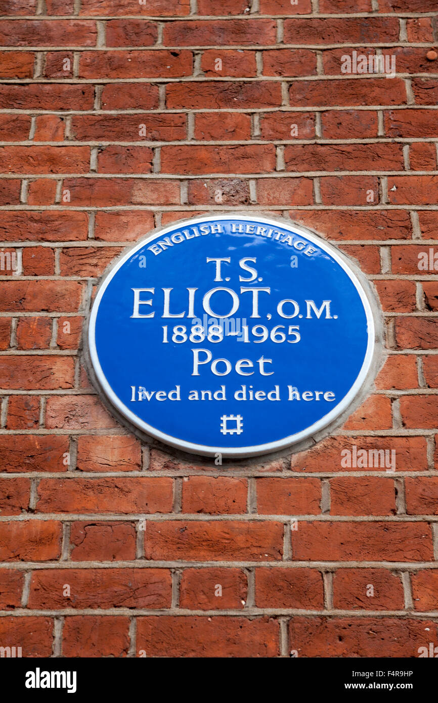 Blue Heritage plaque - home of T.S. Eliot - poet, essayist, publisher, playwright, literary and social critic Stock Photo