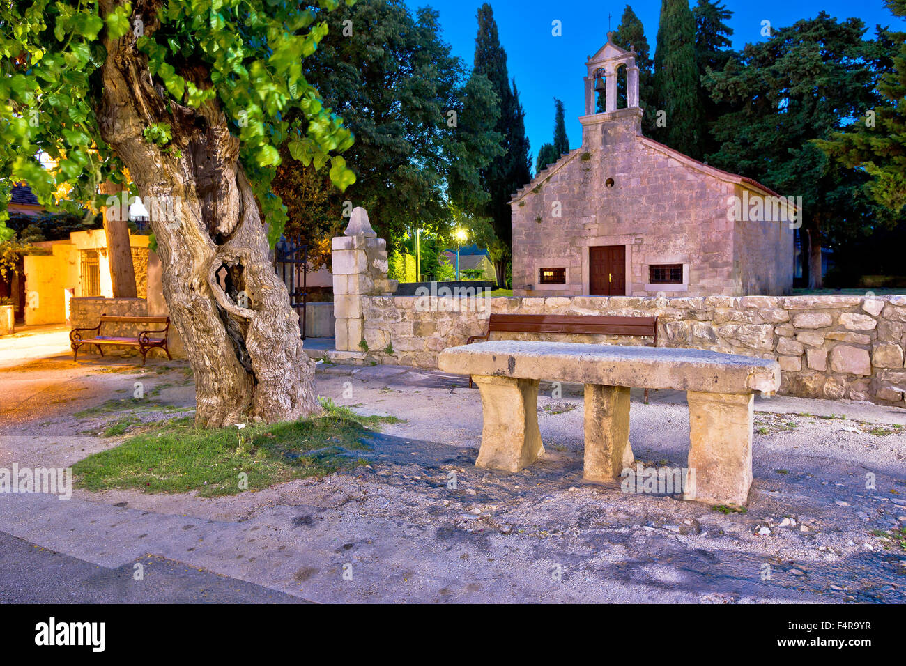 Sukosan dalmatian village historic stone church and architecture evening view, Dalmatia, Croatia Stock Photo
