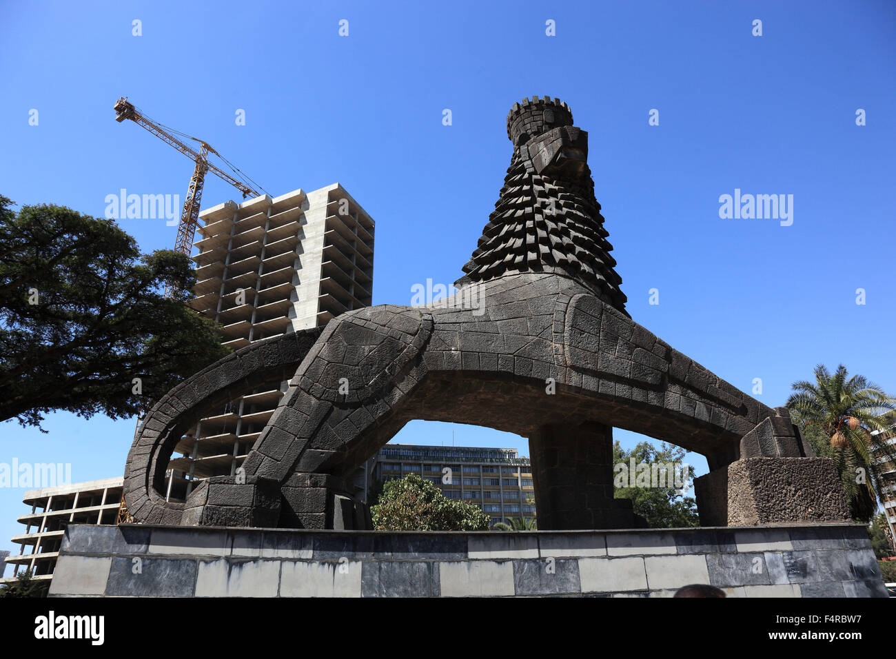Addis Ababa, street scene in the city center, statue of a lion in front of the National Theatre Stock Photo