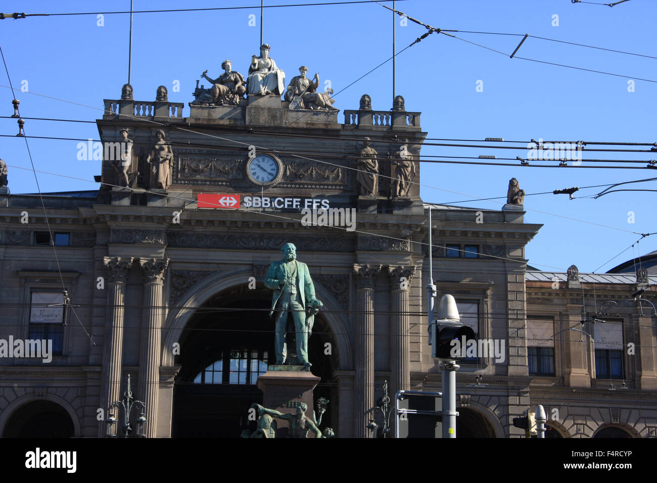 Zurich, Switzerland, Europe, Bahnhofplatz, Bahnhofstrasse, central station, railway station, Escher, Alfred Escher, statue Stock Photo