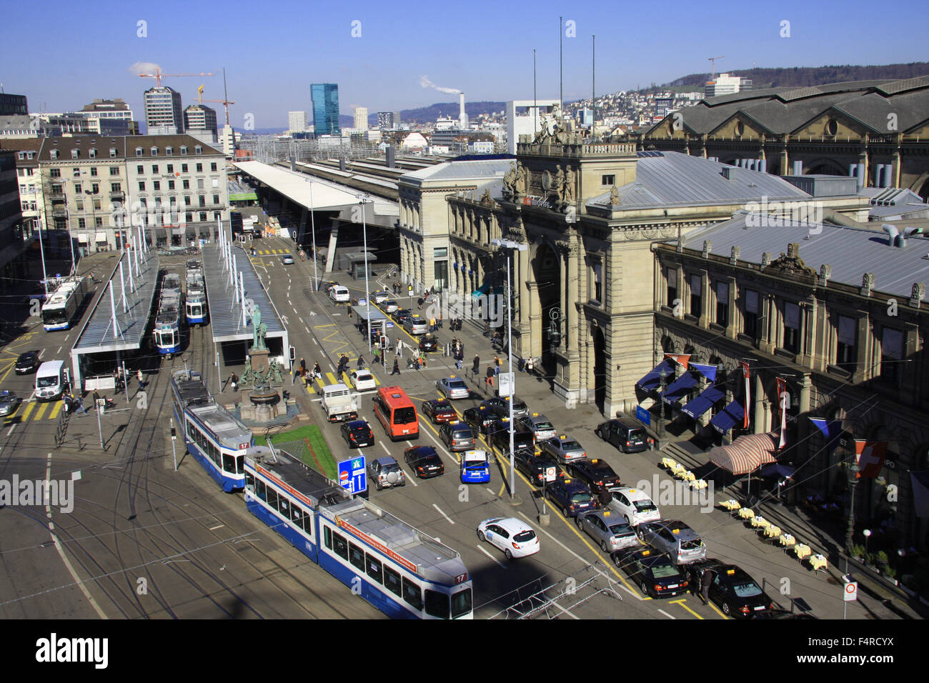 Zurich, Switzerland, Europe, Bahnhofplatz, central station, railway station, Escher, Alfred Escher, statue, tram, streetcar, tra Stock Photo