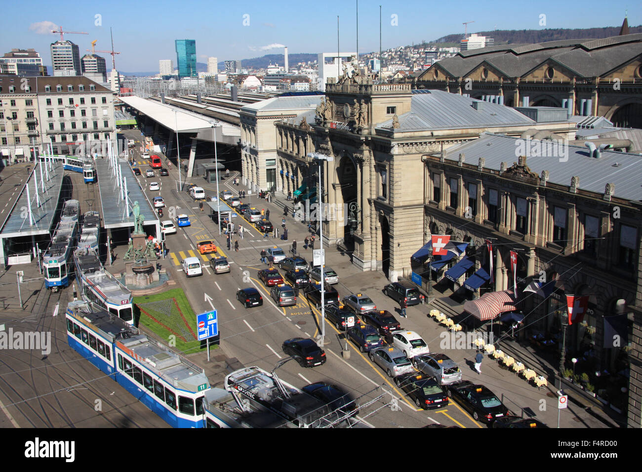 Zurich, Switzerland, Europe, Bahnhofplatz, central station, railway station, Escher, Alfred Escher, statue, tram, streetcar, tra Stock Photo