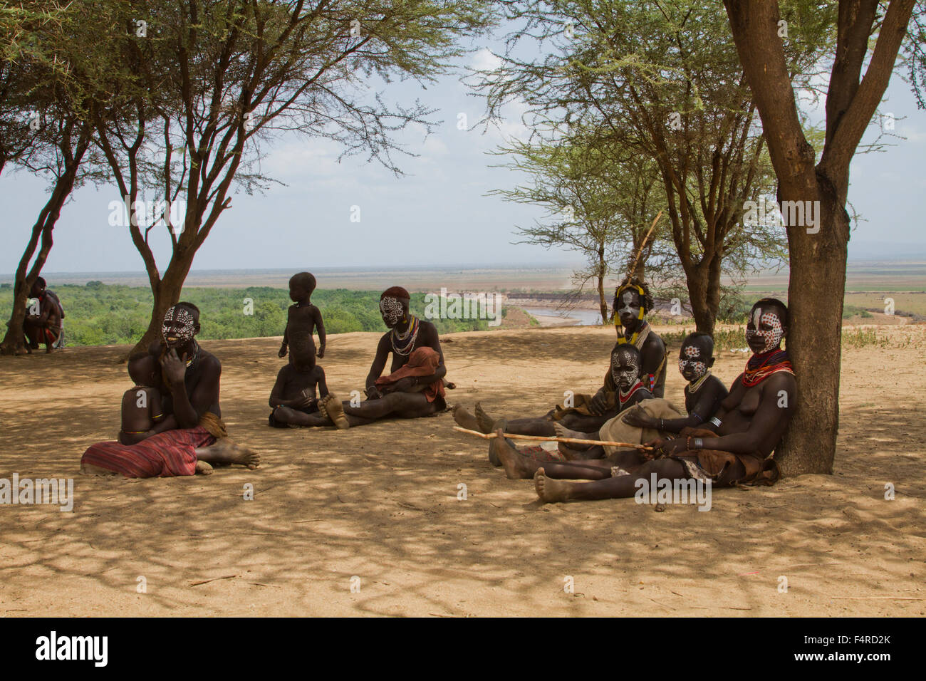 group of Karo tribe women and children. Omo Valley, Ethiopia Stock Photo