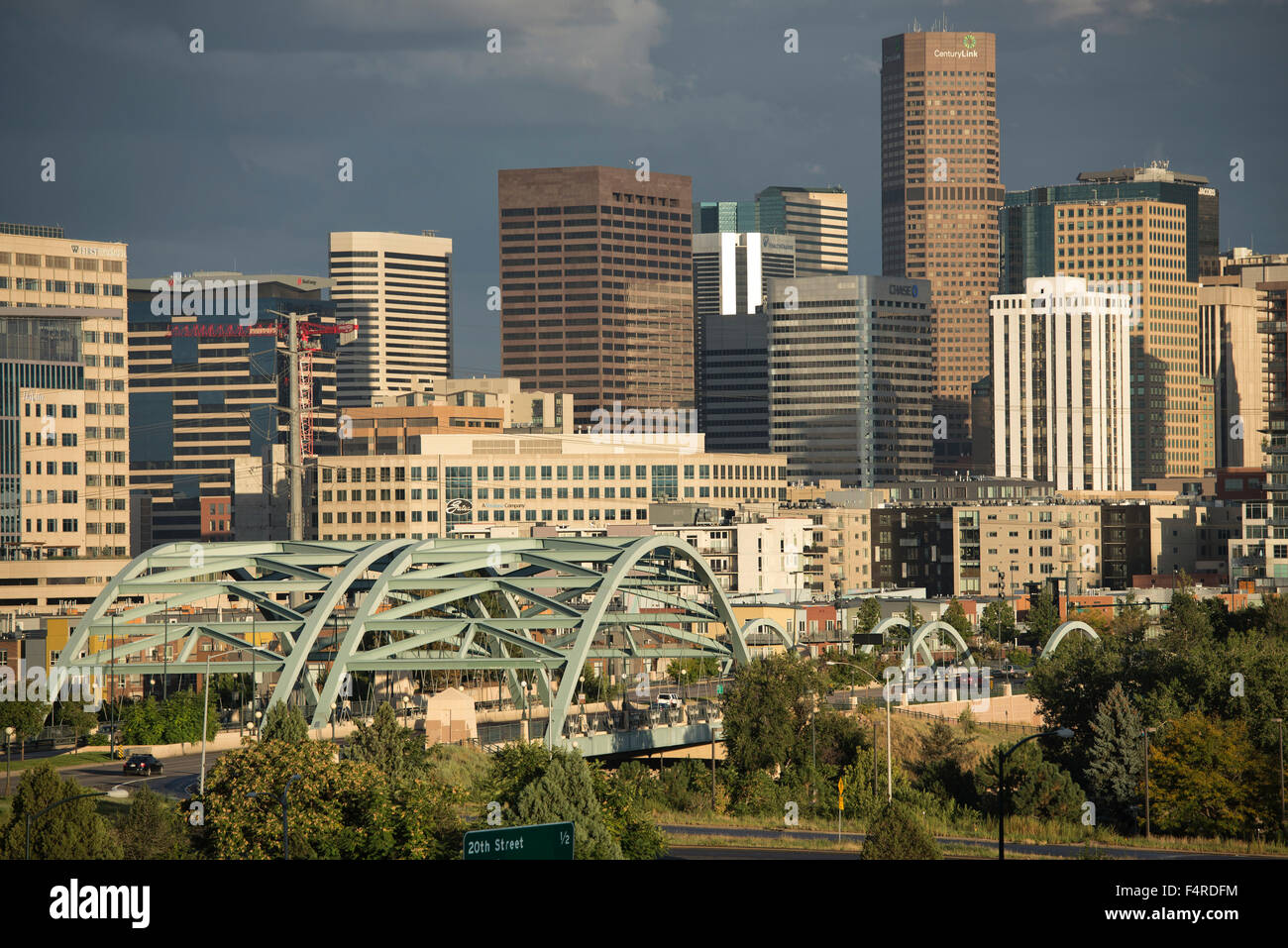 USA, UnitedStates, America, Colorado, Denver, city, mile high, downtown, skyline, bridge Stock Photo