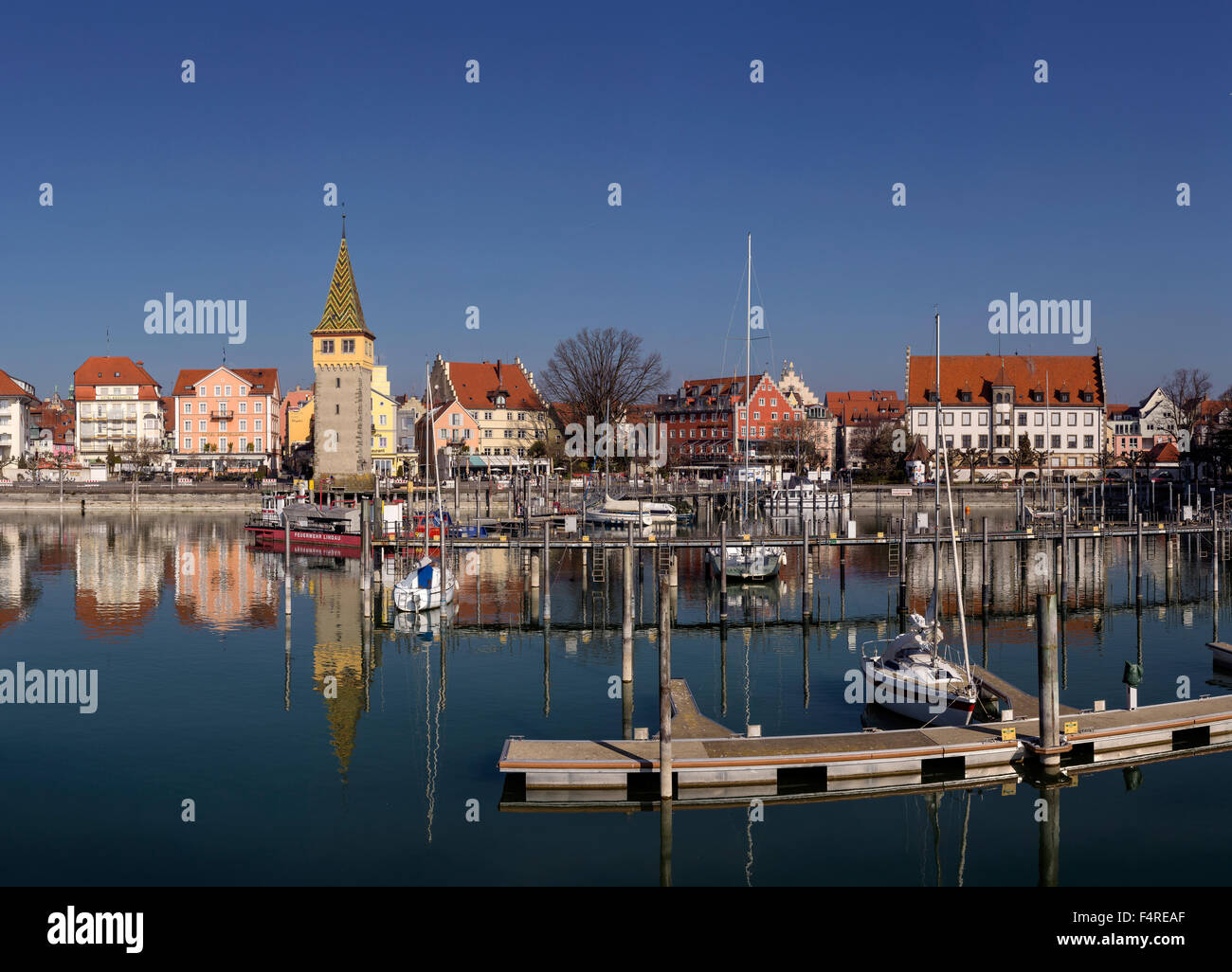 Germany, Europe, Bayern, village, water, winter, ships, boat, Mangturm, tower, Lindau, harbour, Lake Constance, Bodensee, Stock Photo