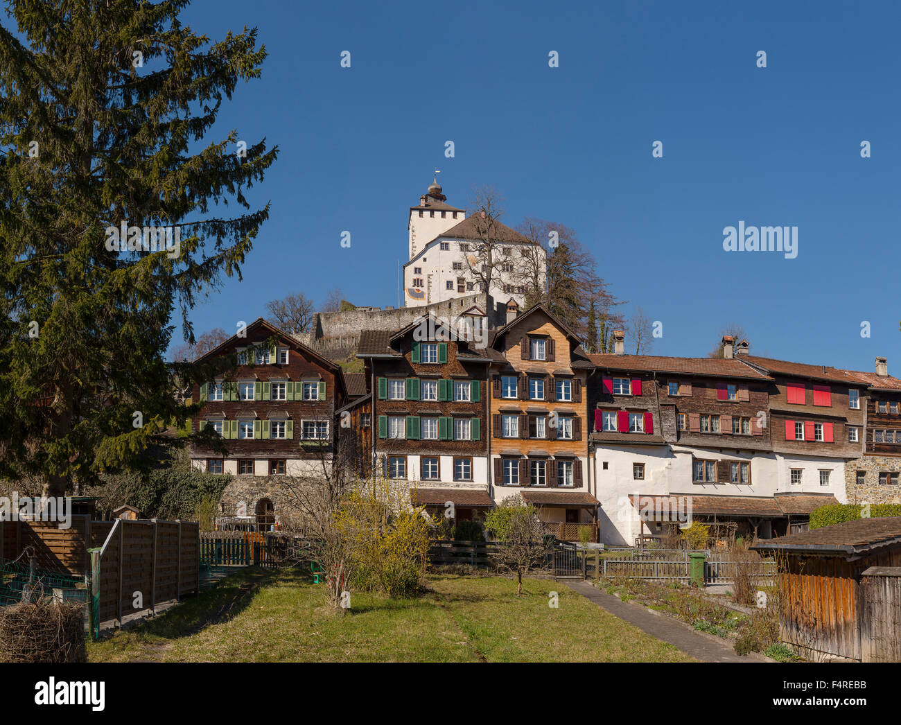 Switzerland, Europe, canton St. Gallen, village, forest, wood, trees, winter, Werdenberg, castle, Städli, Stock Photo