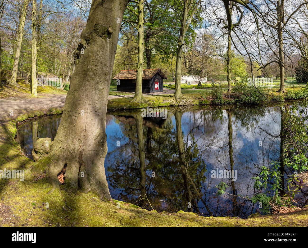Netherlands, Holland, Europe, landscape, water, trees, spring, reflections, Clingendael, park, Den Haag, Stock Photo