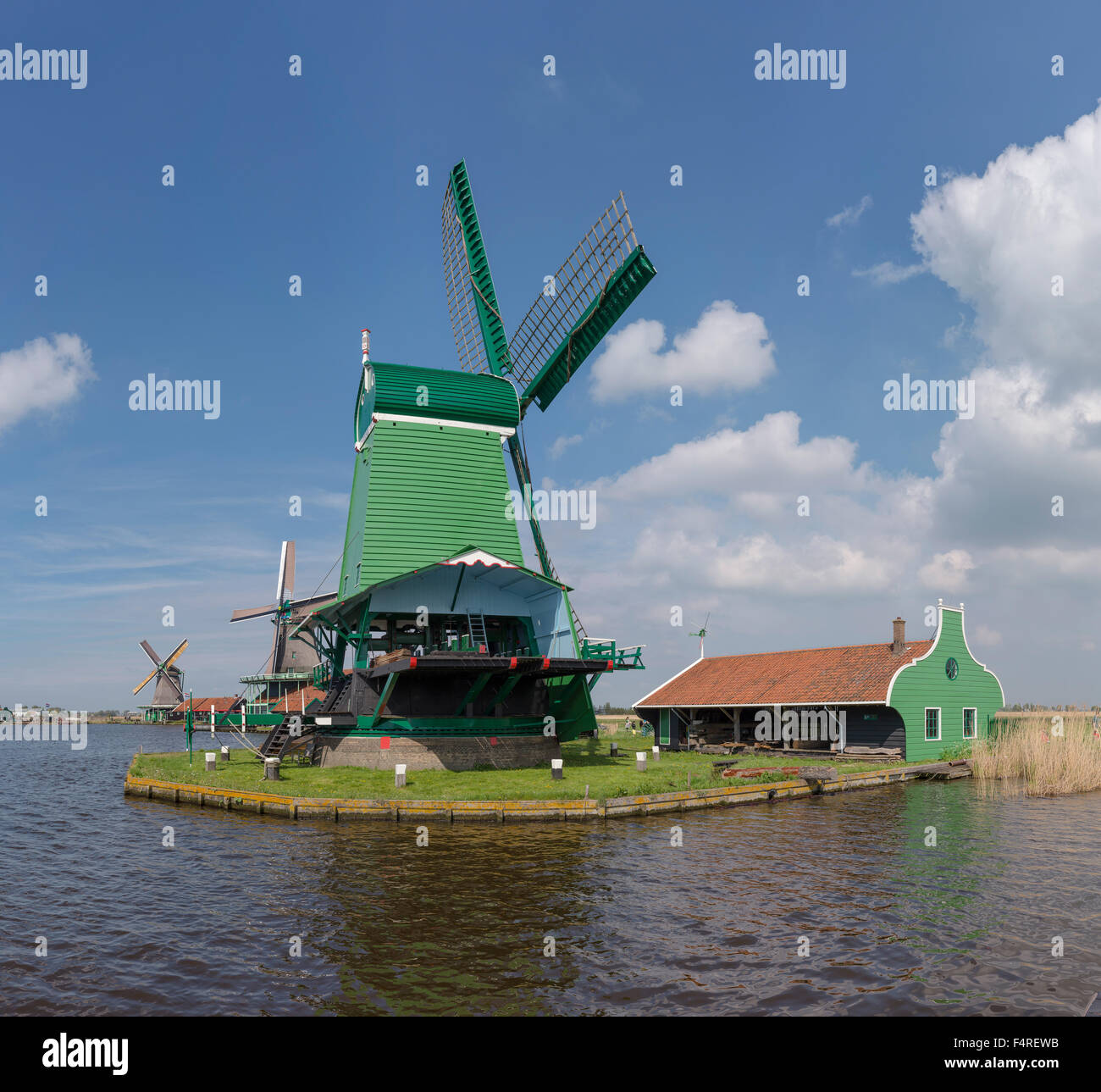 Netherlands, Holland, Europe, windmill, water, summer, Windmills, river, De Zaan, Zaandam, Stock Photo