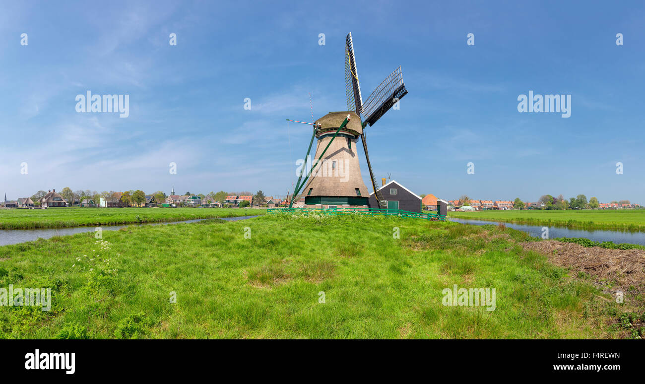 Netherlands, Holland, Europe, windmill, field, meadow, summer, De Koker, Wormer, Stock Photo