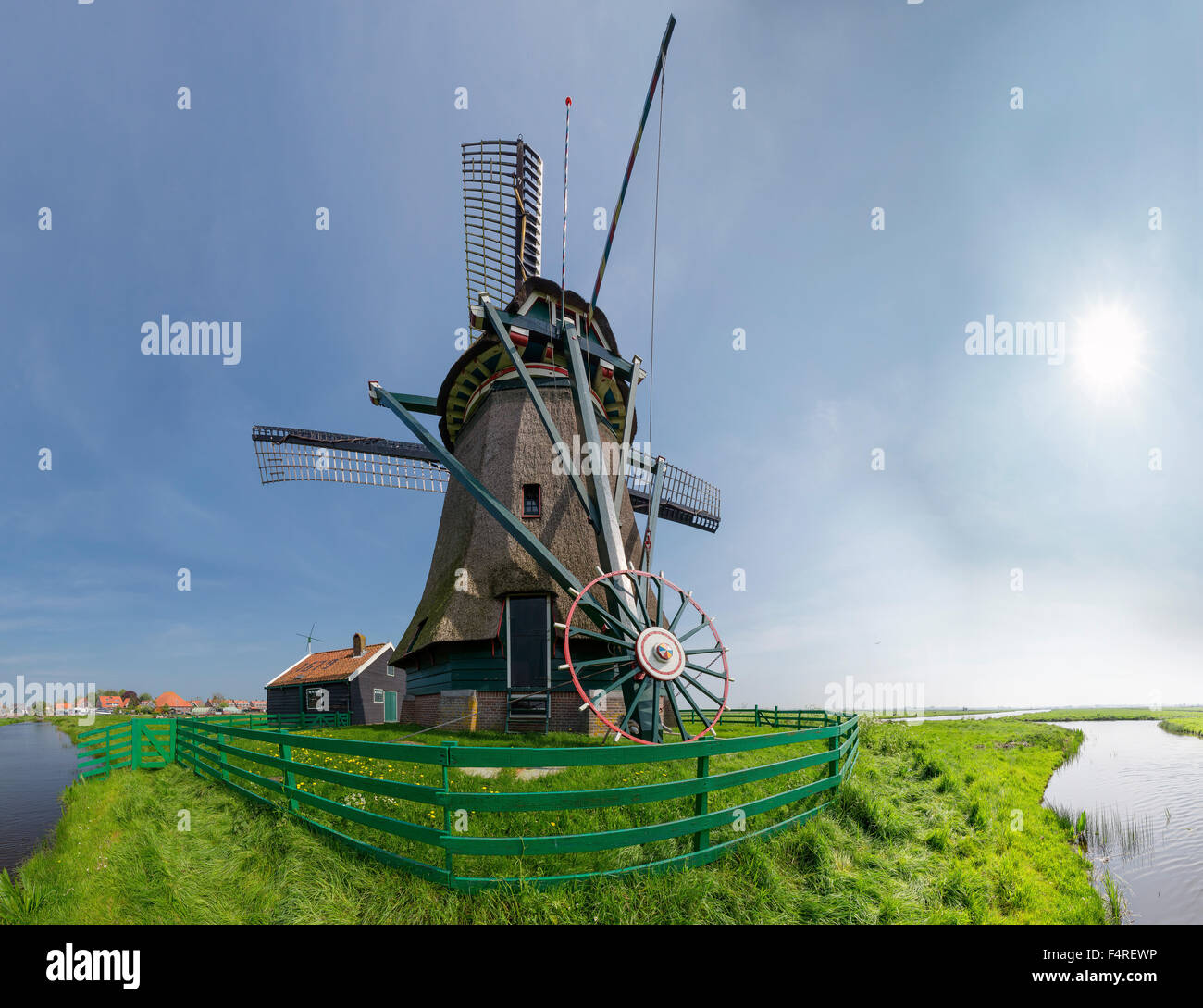 Netherlands, Holland, Europe, windmill, field, meadow, water, summer, De Koker, Wormer, Stock Photo