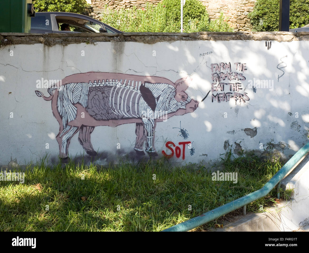 Vegan anti meat eaters graffiti Photographed in Thessaloniki, Greece Stock Photo
