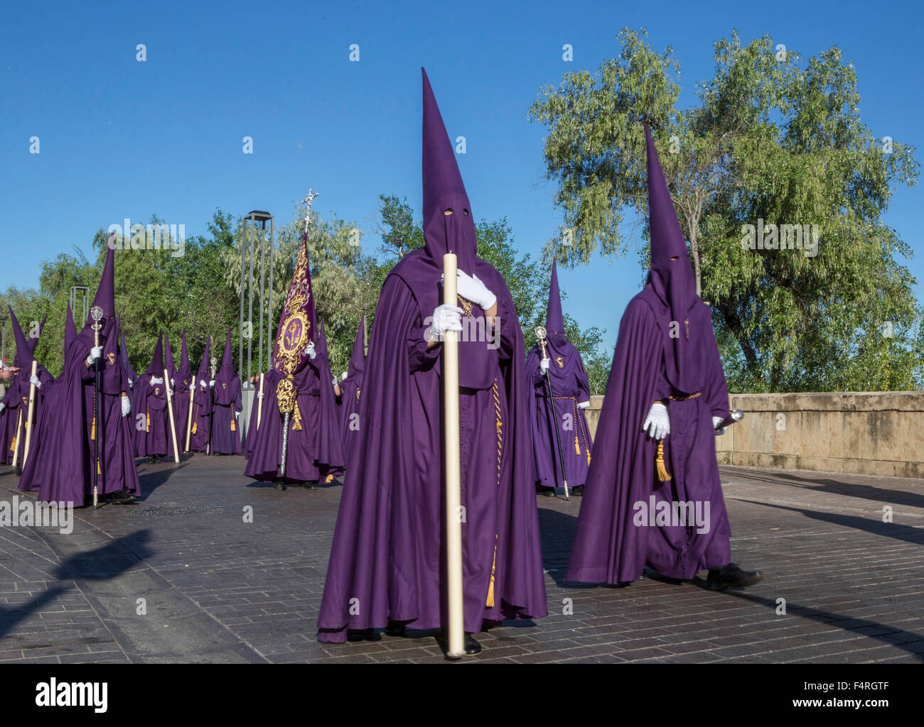 Andalusia, Region, Cordoba, City, Holy Thursday, Parade, Spain, Europe, Spring, Christian, penitents, purple, religion, touristi Stock Photo