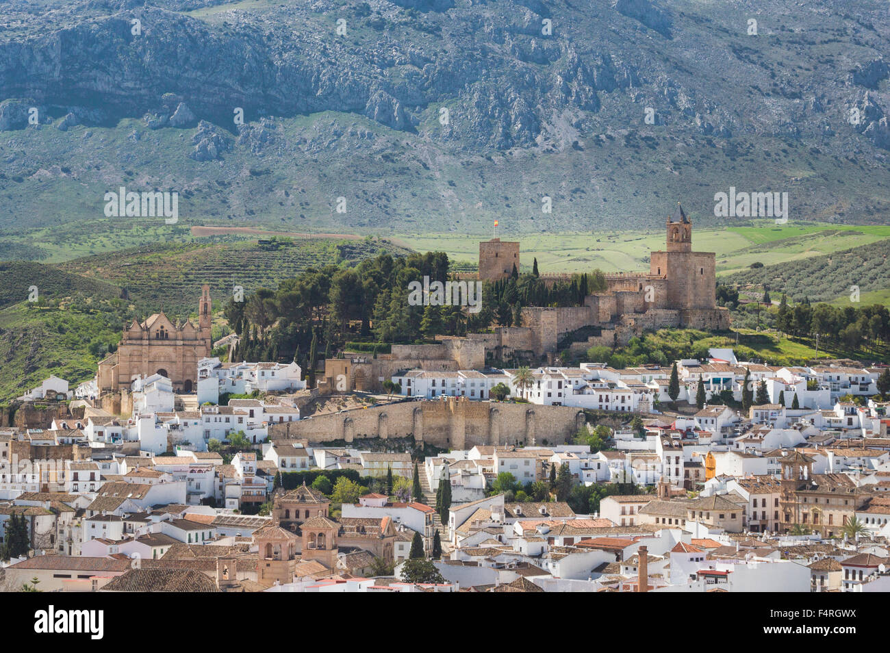 Andalusia, Antequera, town, Landscape, Malaga, Spain, Europe, Spring, architecture, castle, colourful, no people, panorama, pueb Stock Photo