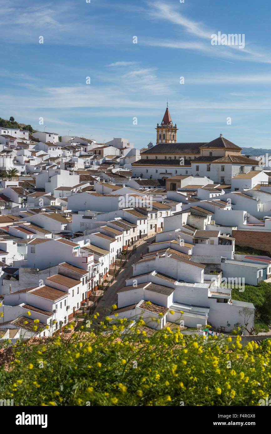 Andalusia, Region, Landscape, Malaga province, Spain, Europe, Spring, Teba, town, architecture, church, flowers, pueblo, steep, Stock Photo