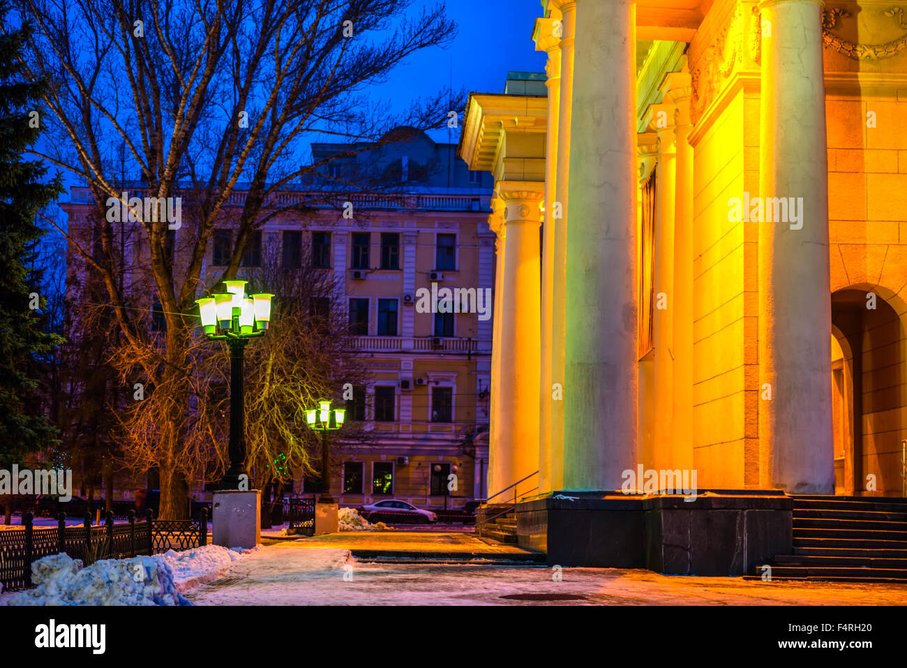 winter evening city of Saratov with colonnade Academic Theater Opera and Ballet Chernyshevsky Stock Photo