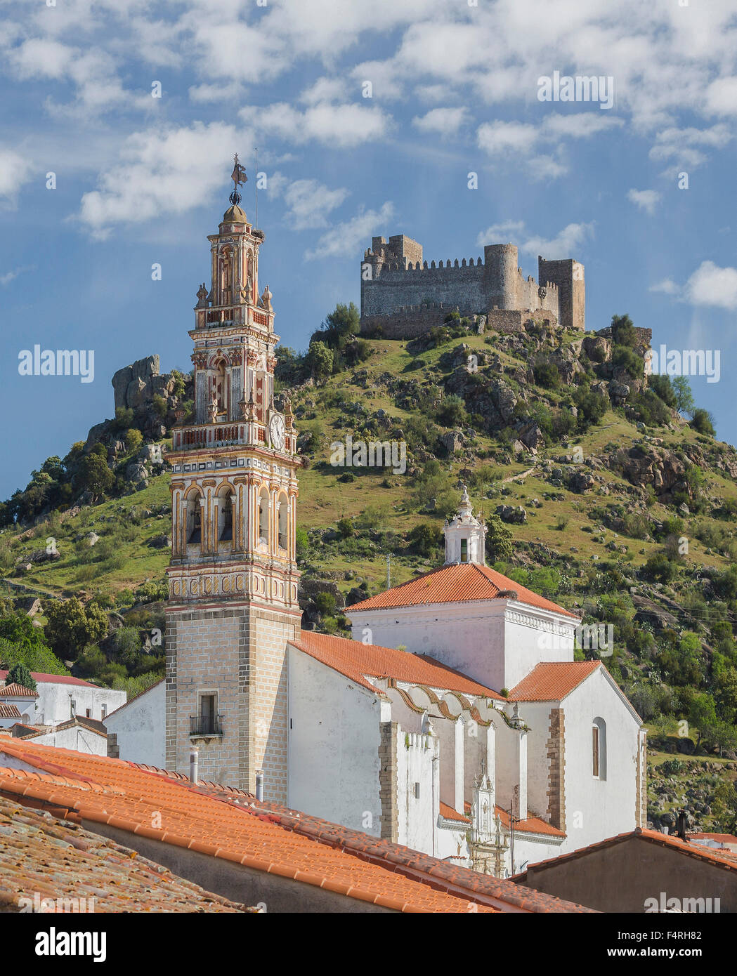 Burguillos, Extremadura, Region, Hill, Landscape, Spain, Europe, Spring, architecture, belfry, castle, church, colourful, no peo Stock Photo