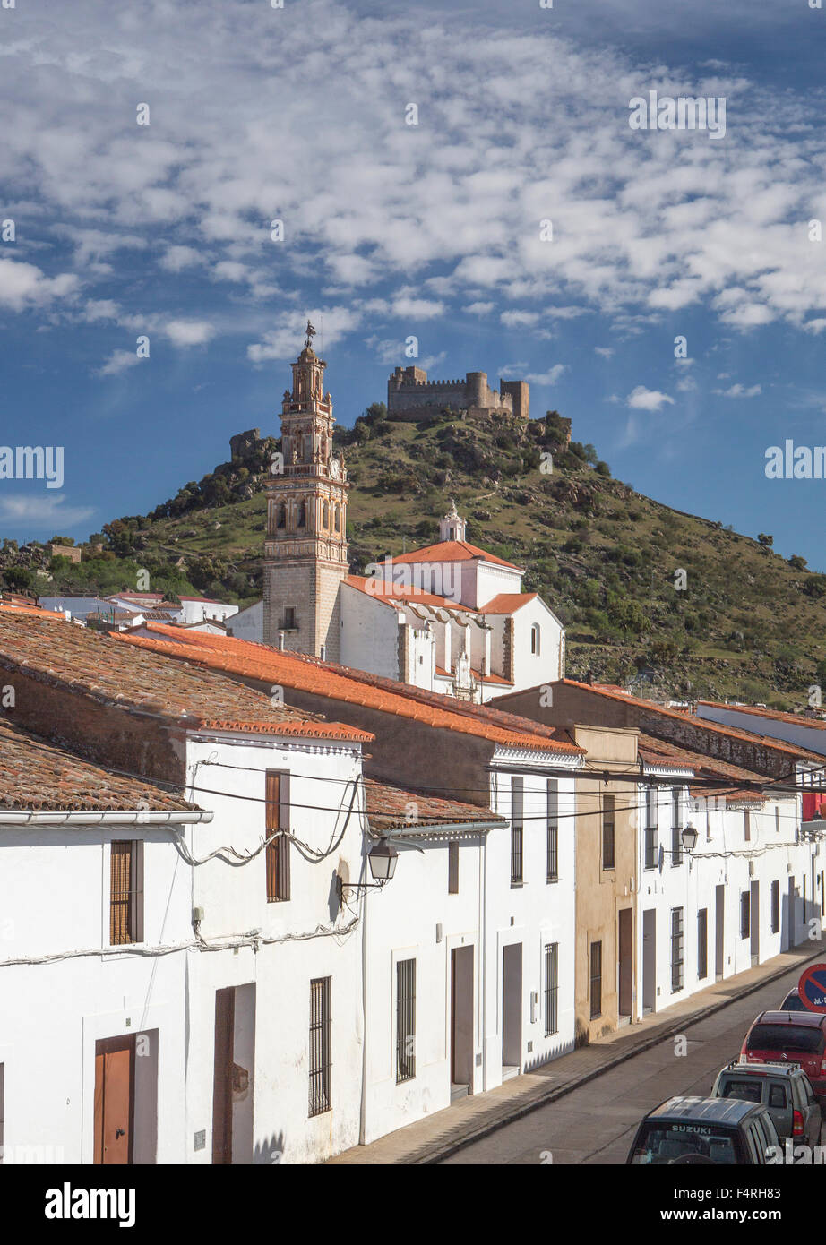 Burguillos, Extremadura, Region, Hill, Landscape, Spain, Europe, Spring, architecture, belfry, castle, church, colourful, no peo Stock Photo
