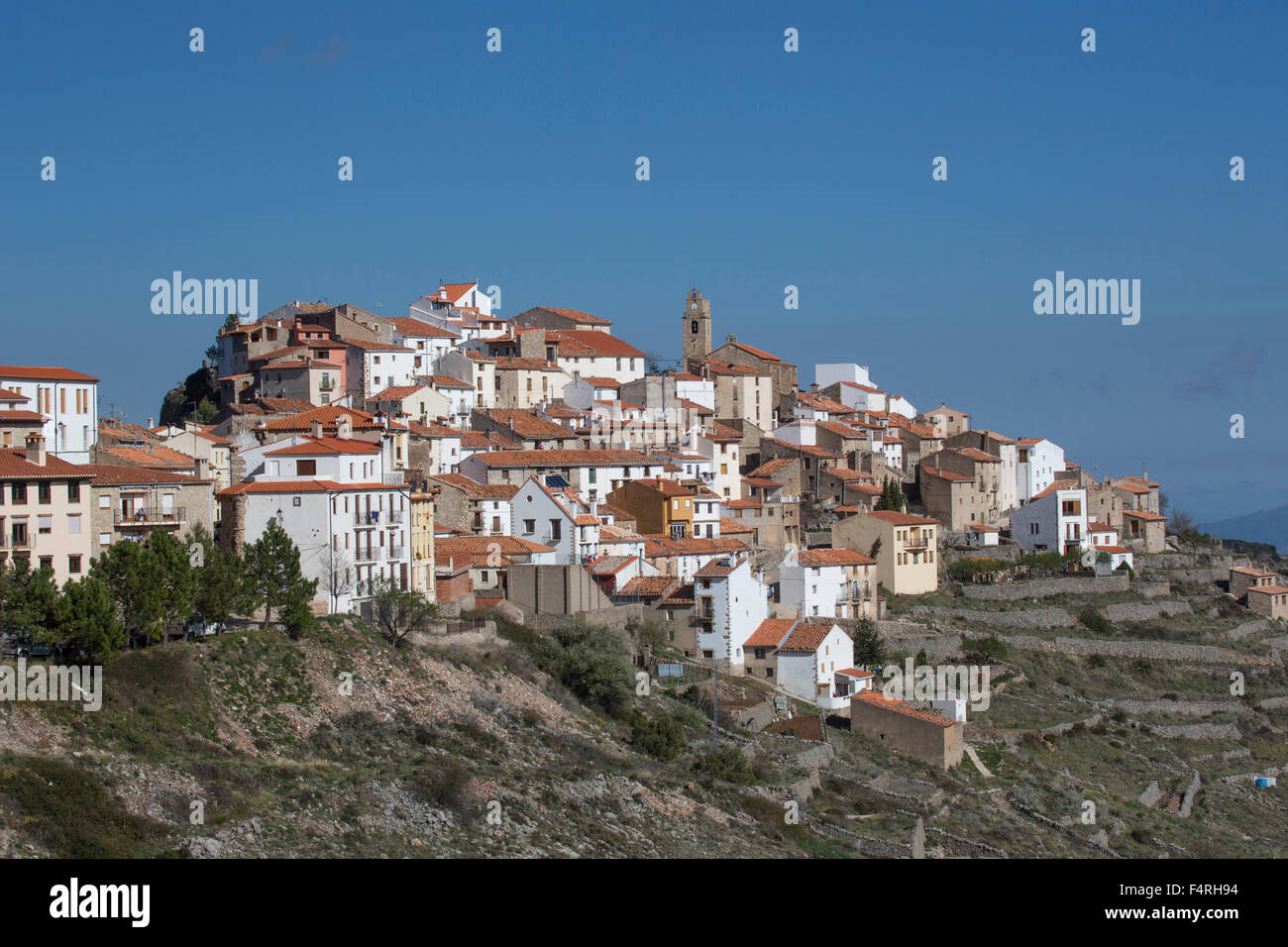 Castellon Province, Landscape, Spain, Europe, Spring, Valencia region, Xodos, town, architecture, colourful, maestrazgo district Stock Photo