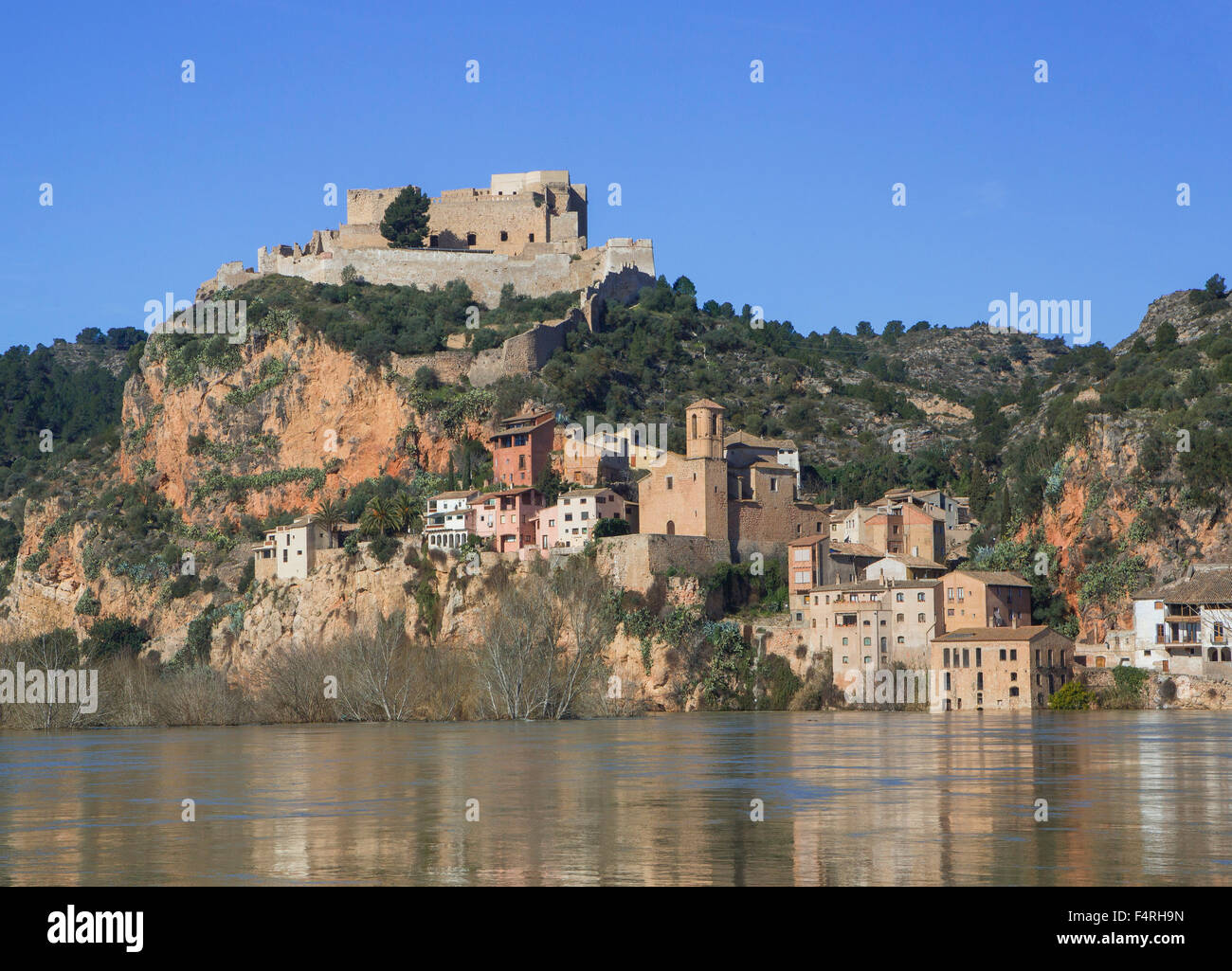 Benifallet, town, Catalonia, Ebro, Landscape, Spain, Europe, Spring, Tarragona, architecture, castle, no people, river, touristi Stock Photo