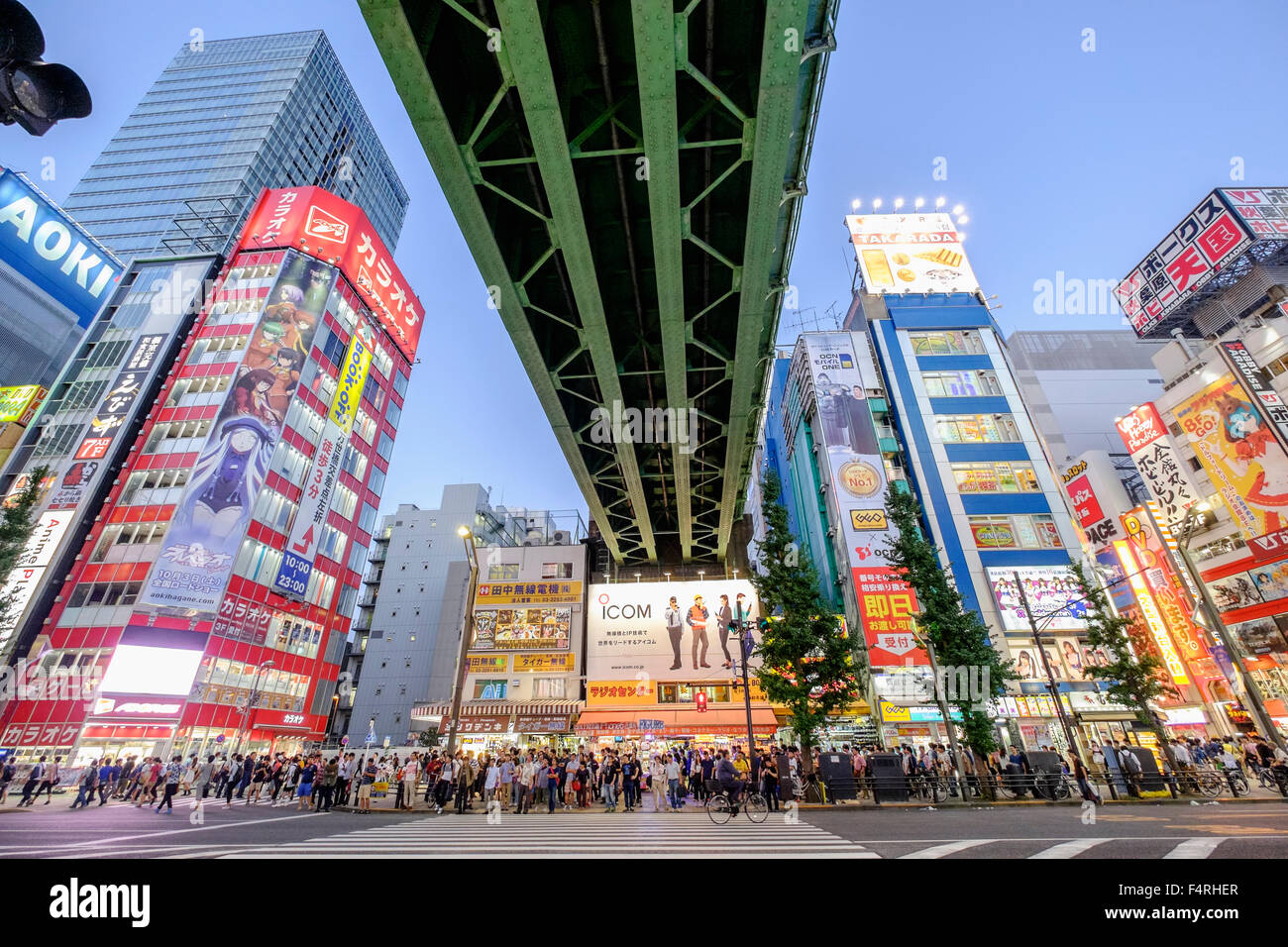 View of street in evening of busy electronics district of  Akihabara in Tokyo Japan Stock Photo