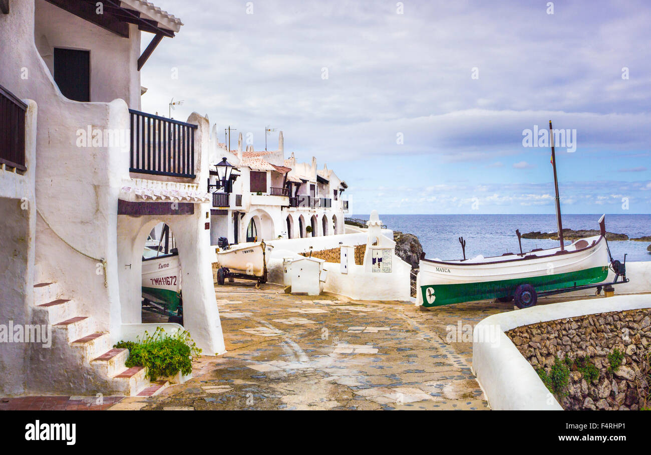 Balearic Islands, Binibeca, Fishing Village, Menorca, Island, Old Binibeca, Spain, Europe, Spring, arch, architecture, boat, no Stock Photo