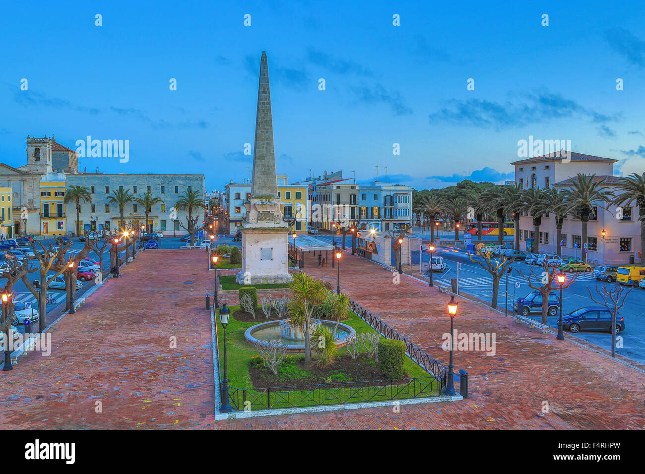 Balearic Islands, Born, Ciutadella, town, Menorca, Island, Spain, Europe, Spring, architecture, lights, no people, obelisk, squa Stock Photo