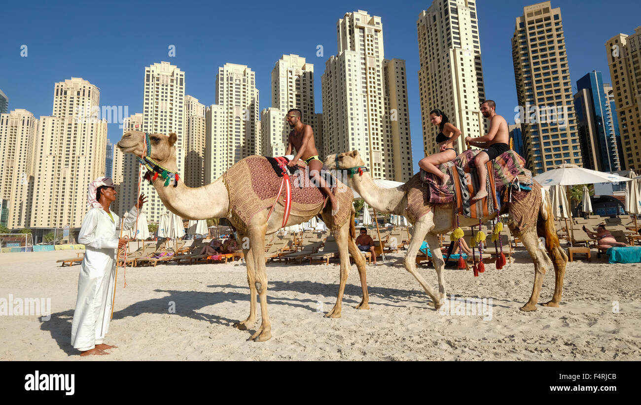 Tourists riding camel on beach at JBR Jumeirah Beach Residences in Marina district of Dubai United Arab Emirates Stock Photo