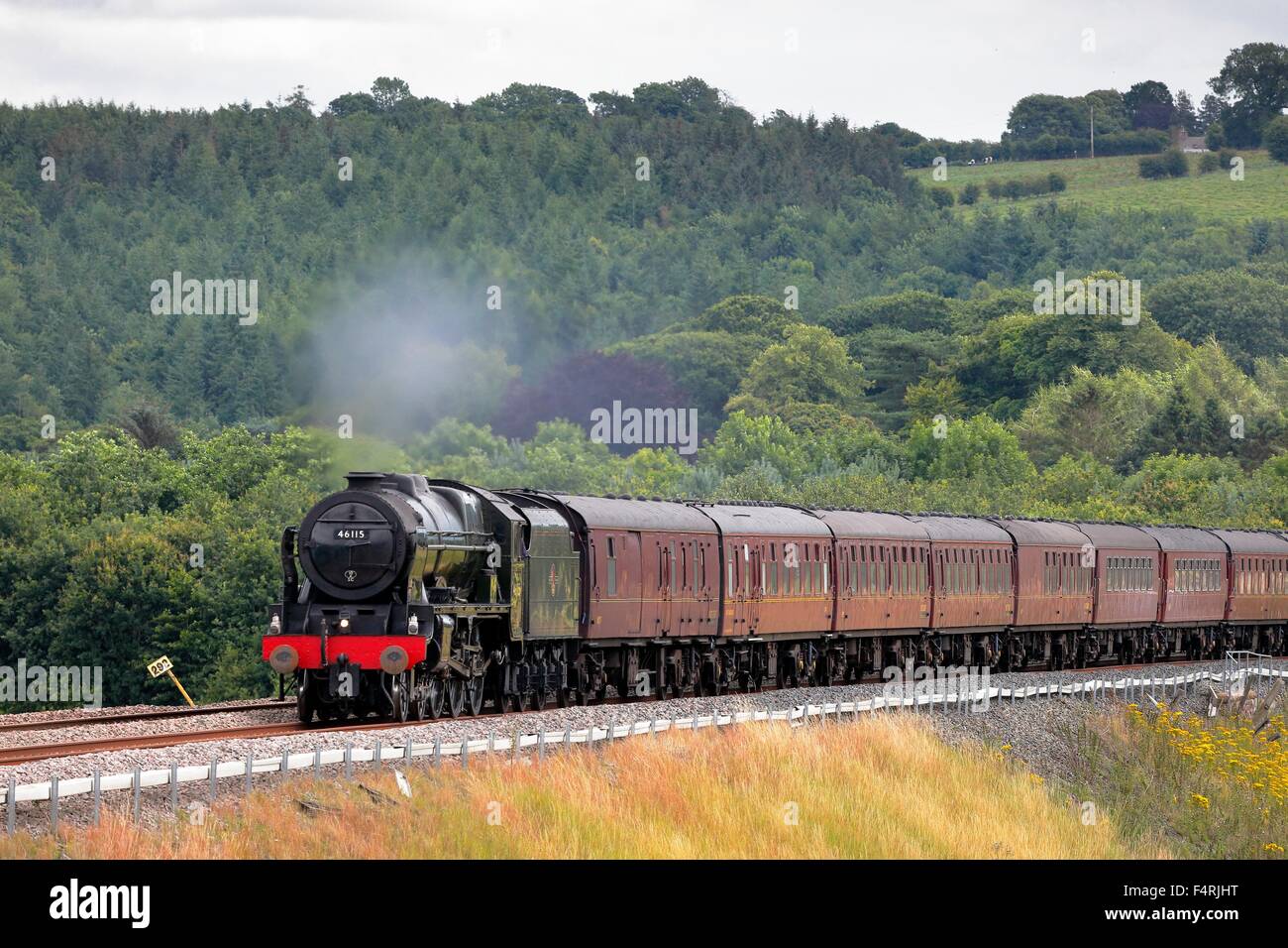 Steam train LMS Royal Scot Class 46115 Scots Guardsman on the Settle to Carlisle Railway Line near Lazonby, Eden Valley, UK. Stock Photo