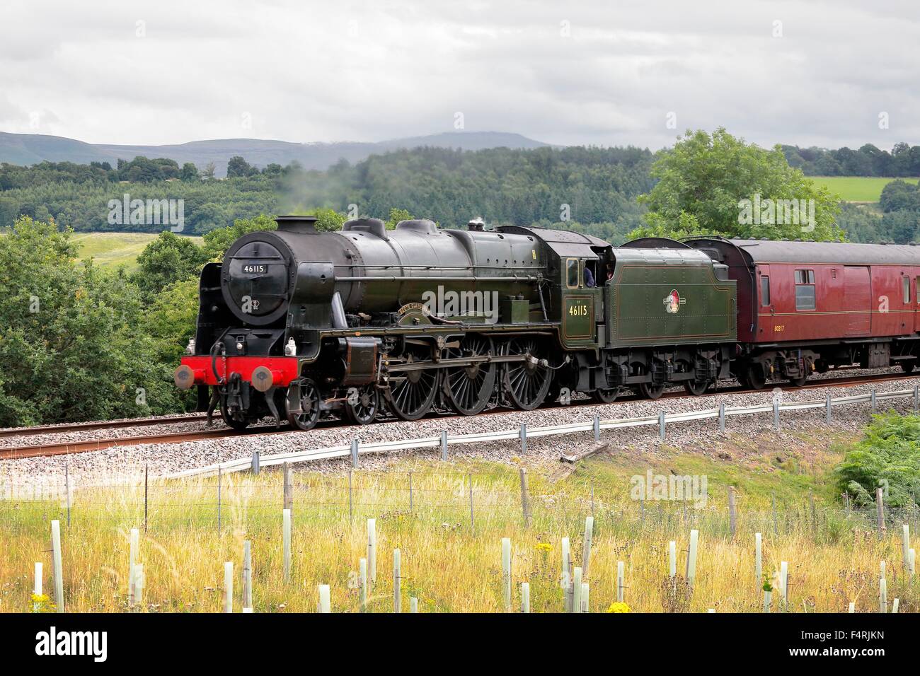 Steam train LMS Royal Scot Class 46115 Scots Guardsman on the Settle to Carlisle Railway Line near Lazonby, Eden Valley, UK. Stock Photo