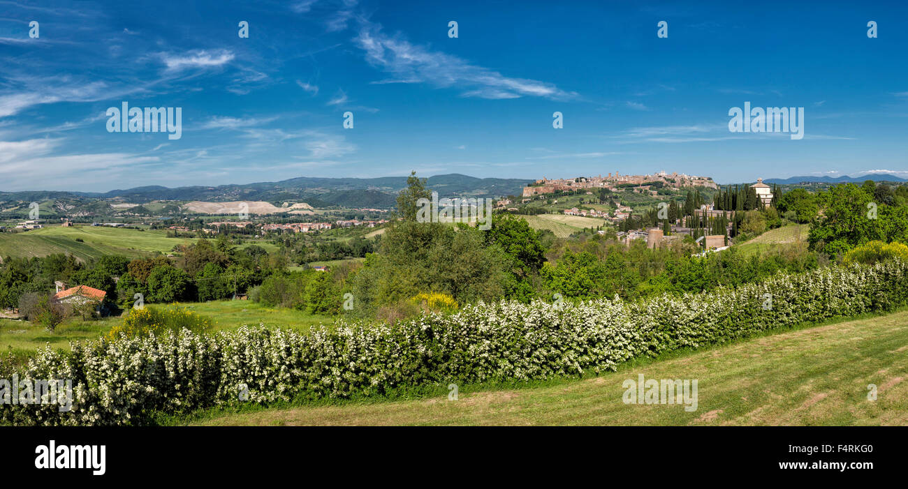 Italy, Europe, Umbria, Orvieto, landscape, flowers, spring, mountains, hills, bloom, vista, Stock Photo