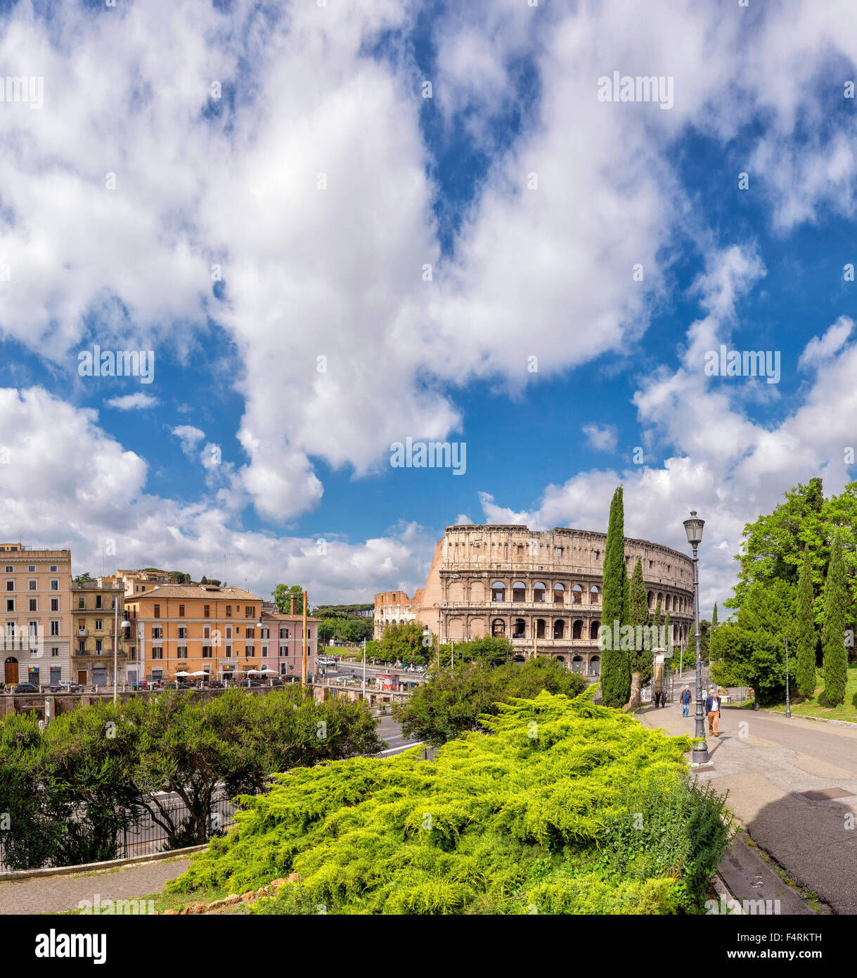 Italy, Europe, Lazio, Rome, Roma, city, village, forest, wood, trees, spring, people, Parco del Colle Oppio, Piazza del Colosseo Stock Photo