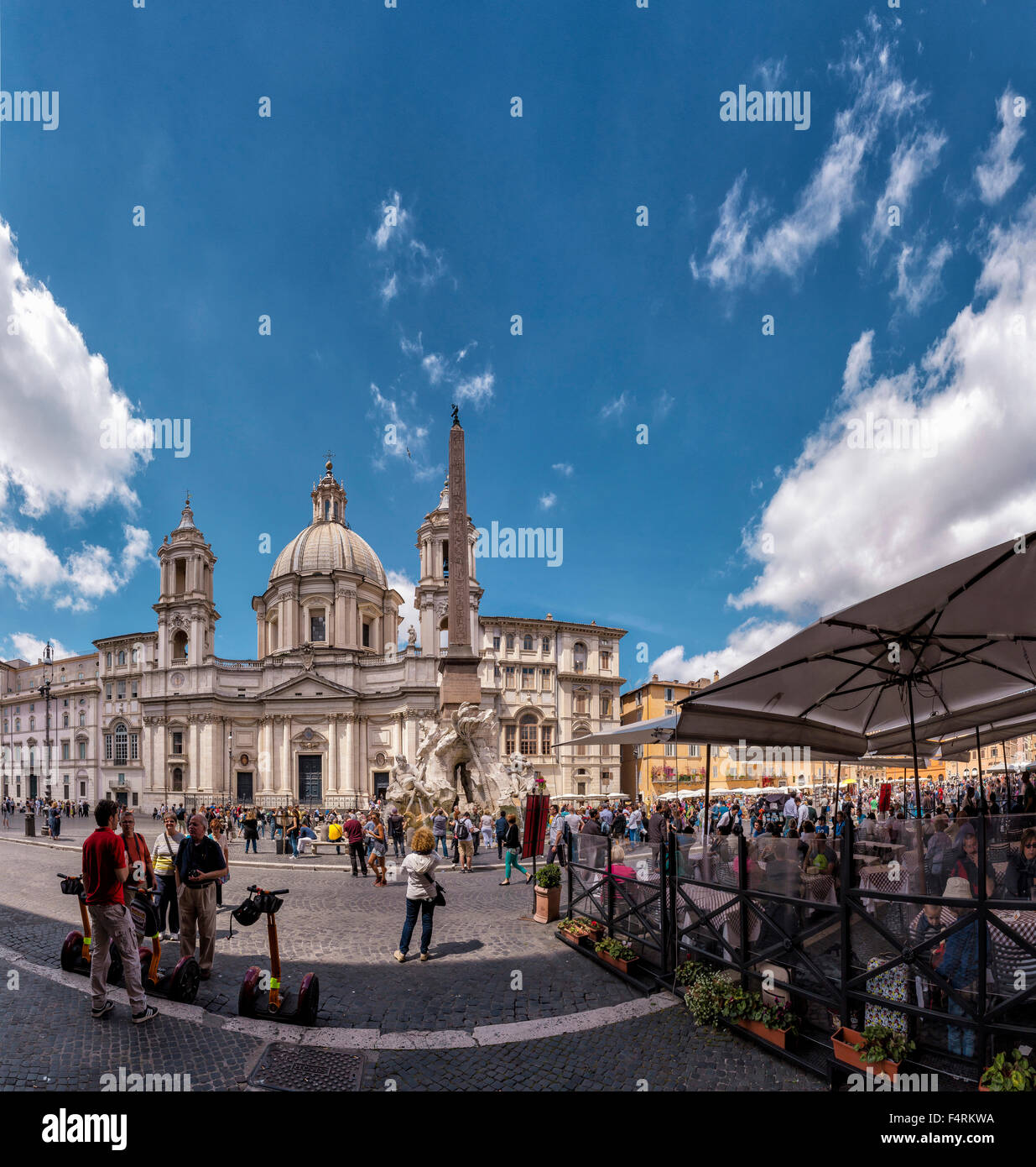 Italy, Europe, Lazio, Rome, Roma, city, village, spring, people, outdoor cafe, Piazza Navona, Sant'Agnese in Agone, Obelisco Ago Stock Photo