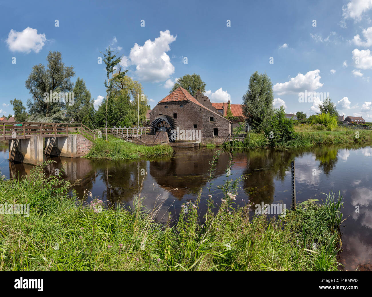 Netherlands, Europe, Holland, Neer, Limburg, windmill, water, summer, Waterwheel mill Stock Photo