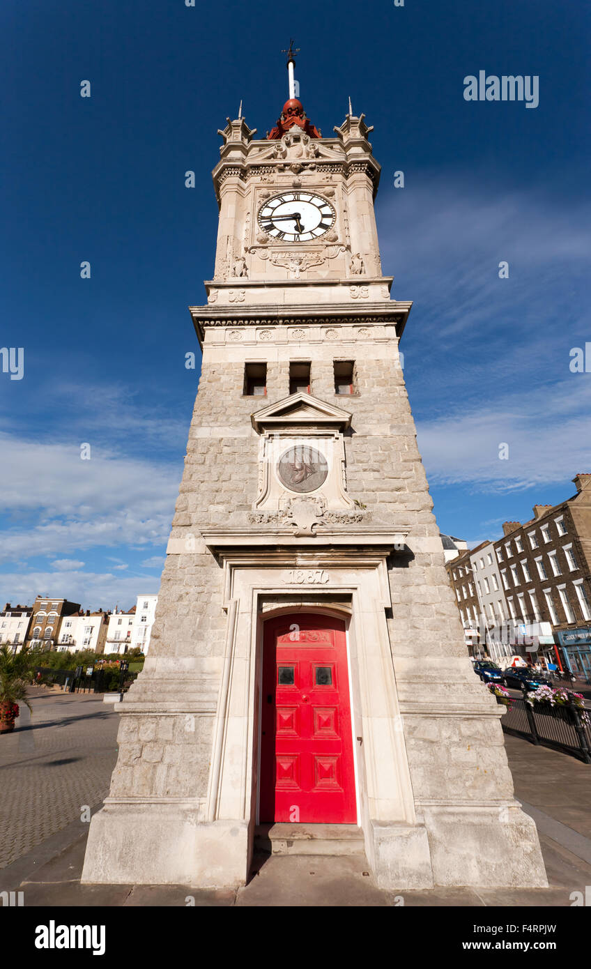 Wide-Angle view of Margate Clock Tower built to commemorate Queen Victoria's Golden Jubilee in 1887. Stock Photo