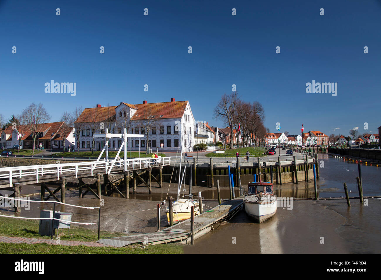 old historical white bridge over harbour of Tönning, Schleswig-Holstein, Germany, Europe Stock Photo