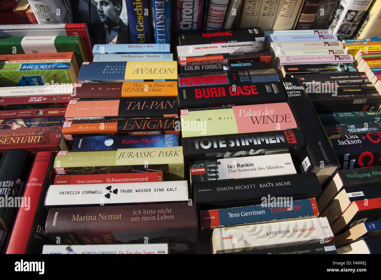Book market, many German books, novels and thrillers Stock Photo