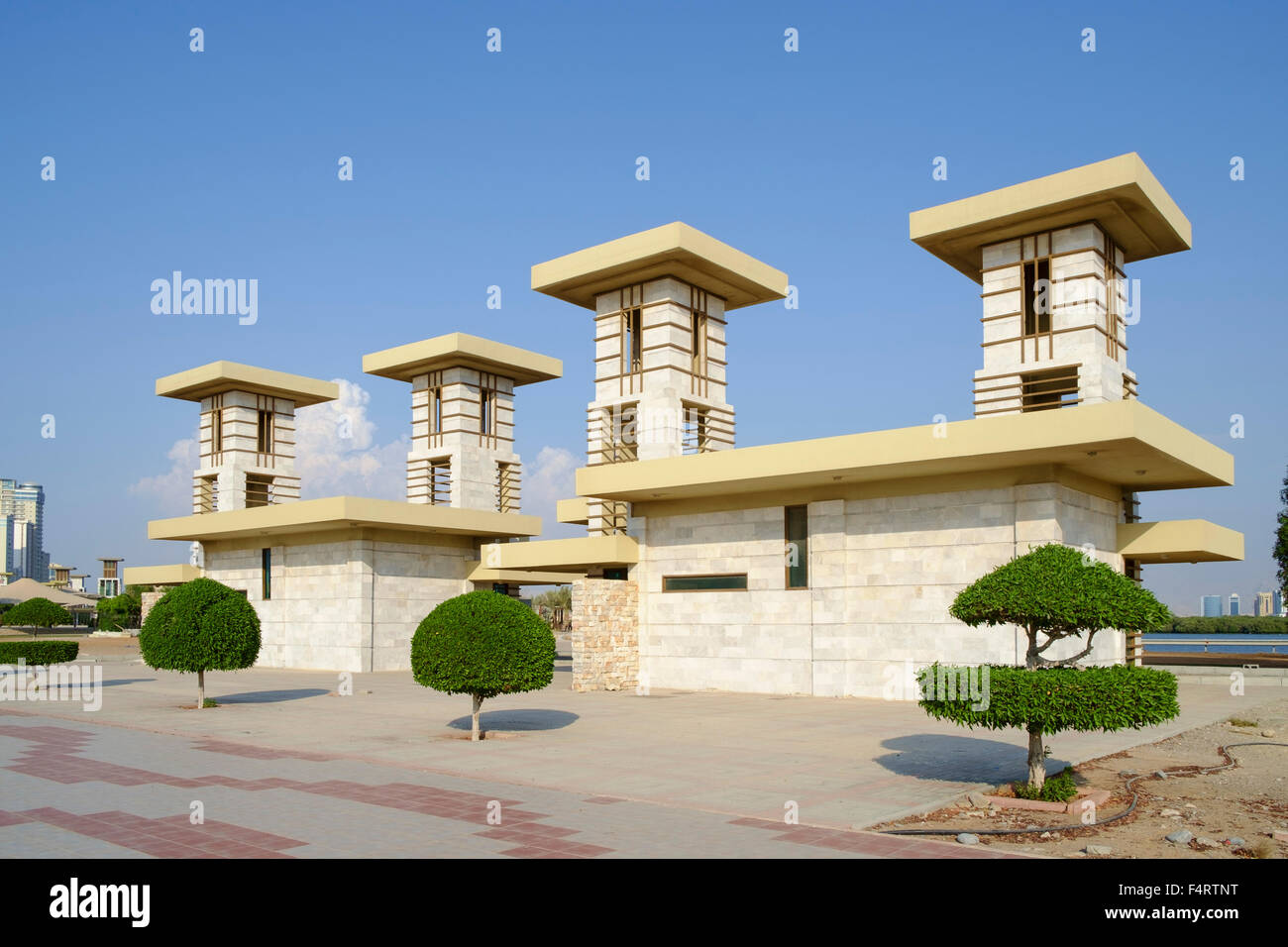 Modern public pavilion buildings on Corniche in Ras al Khaimah  (RAK) emirate in United Arab Emirates Stock Photo