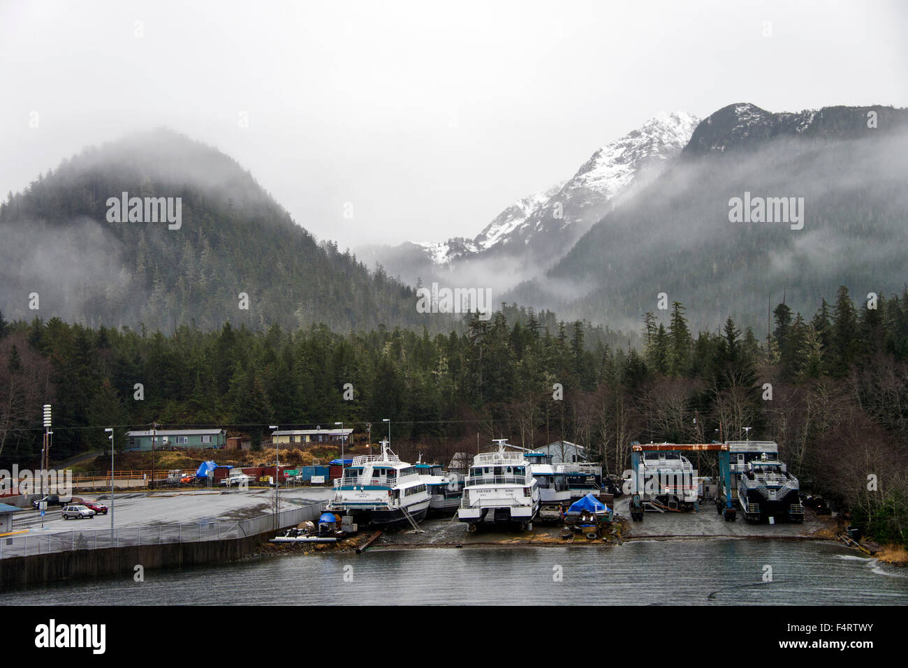 petersburg, USA, Alaska, inside passage, ships, foggy, dock Stock Photo