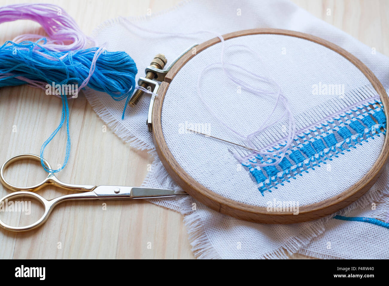 Openwork embroidery, incomplete work in progress and tools for embroidery Stock Photo